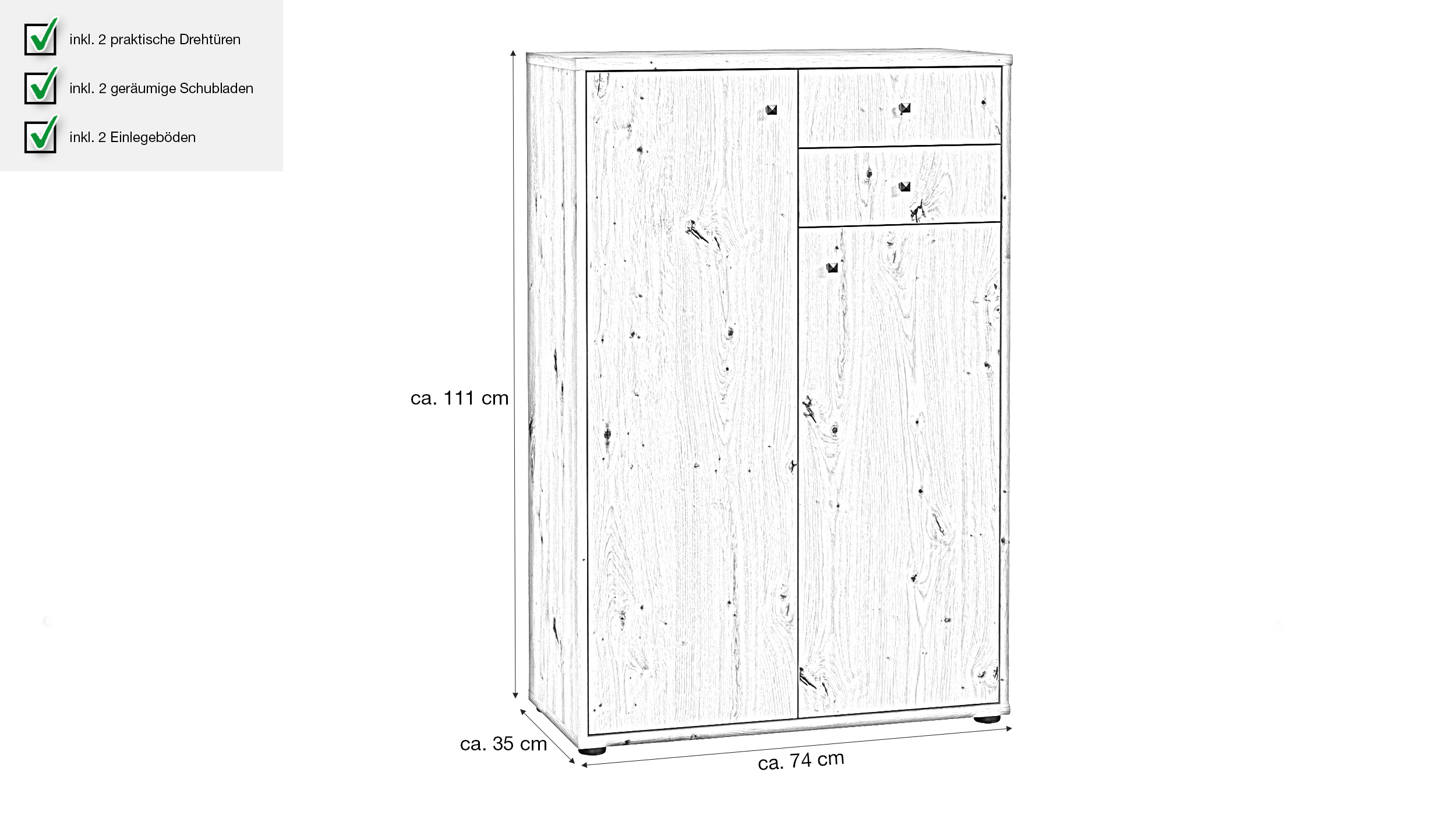 Kommode mit Schubladen Artisan Eiche 74 cm - TEMPRA