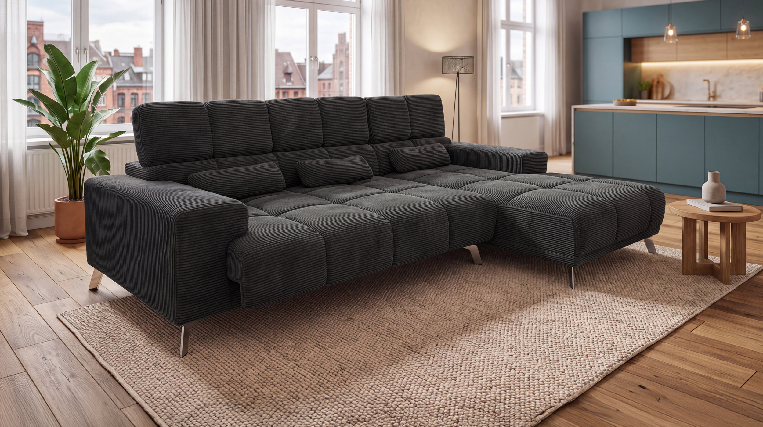 Ecksofa Cord grau elektrisch ausfahrbar 285 cm - OT rechts - SPEED