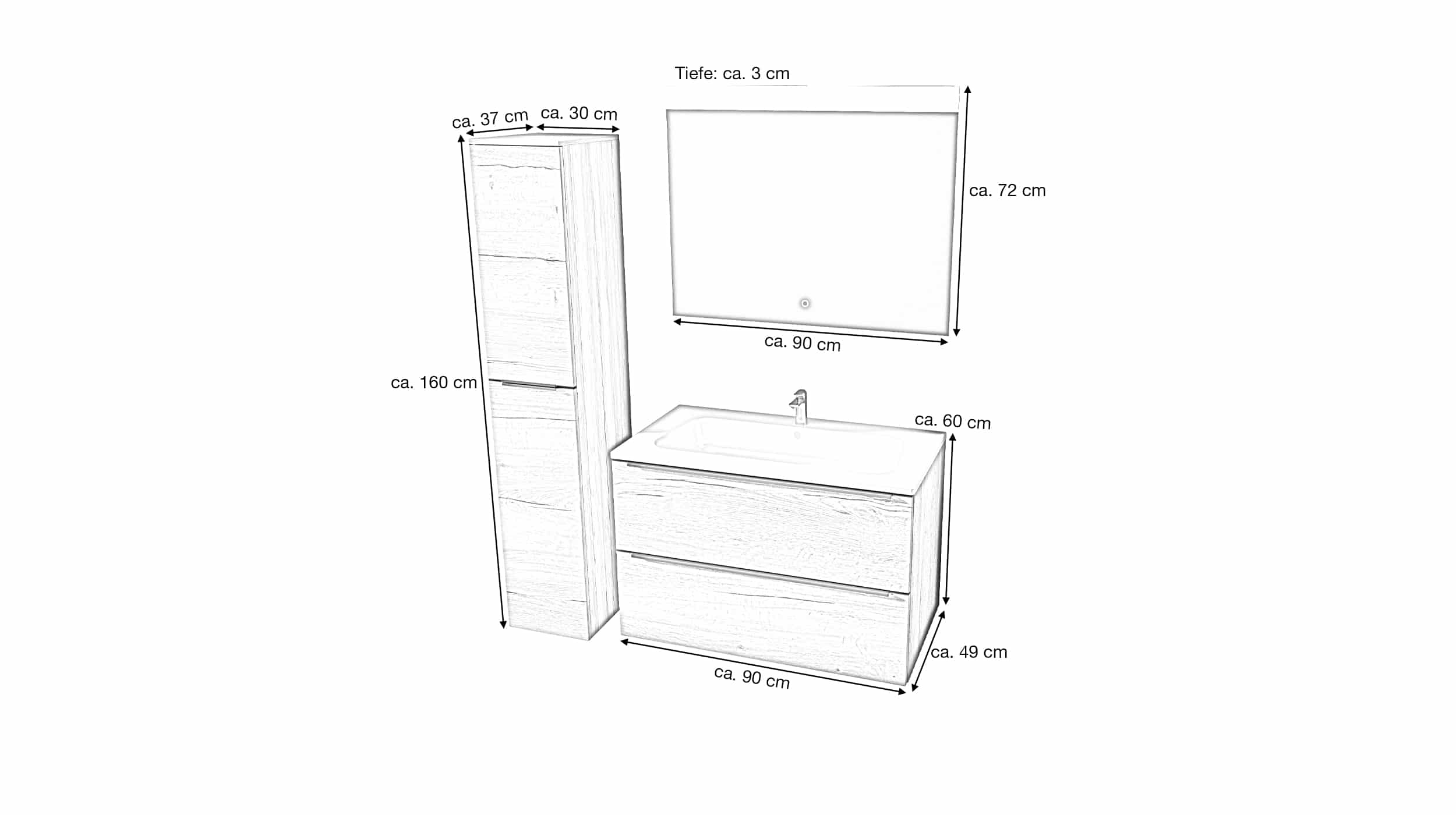 Badmöbel-Set Eiche - 3 Teile mit HS - Waschtisch 90 cm - SOLVEIG