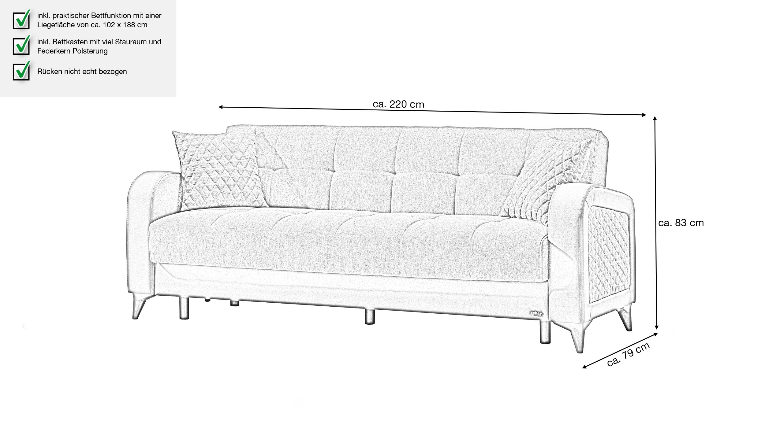 Einzelsofa 3-Sitzer 220 cm Sofa anthrazit Schlaffunktion - RIZA