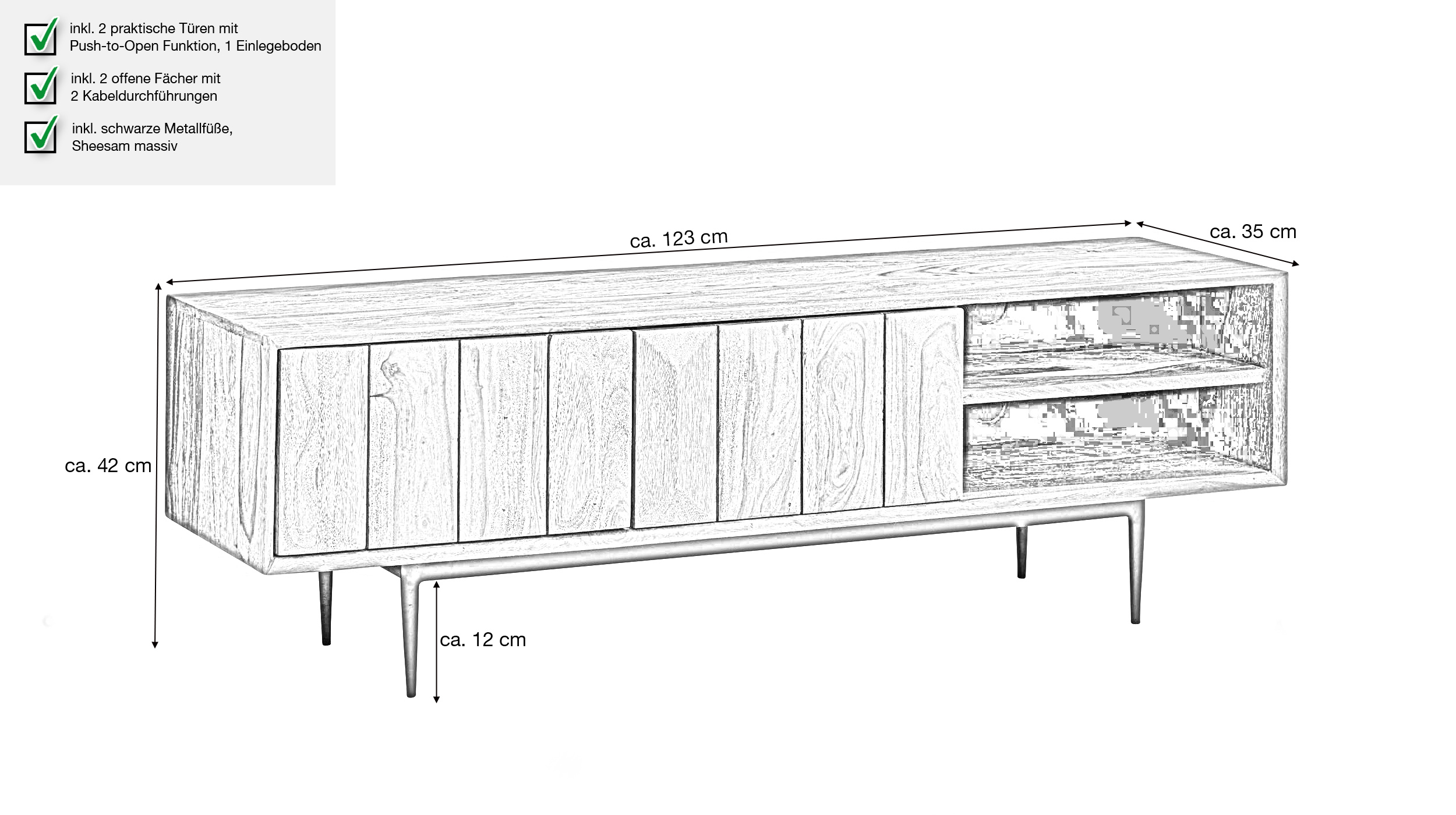 TV-Lowboard Sheesham massiv gebeizt 123 cm - STREVA 