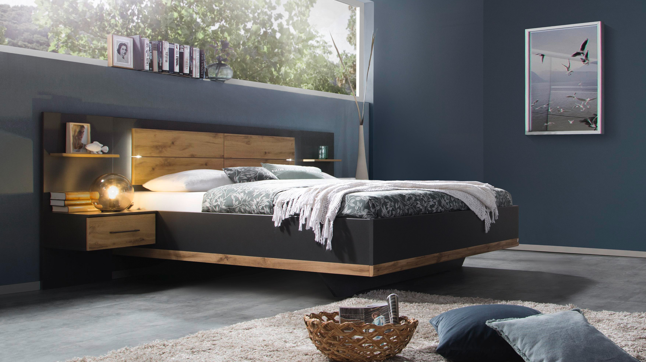 Bettanlage 180 x 200 cm grau - Eiche - Beleuchtung - rauch - BOSTON