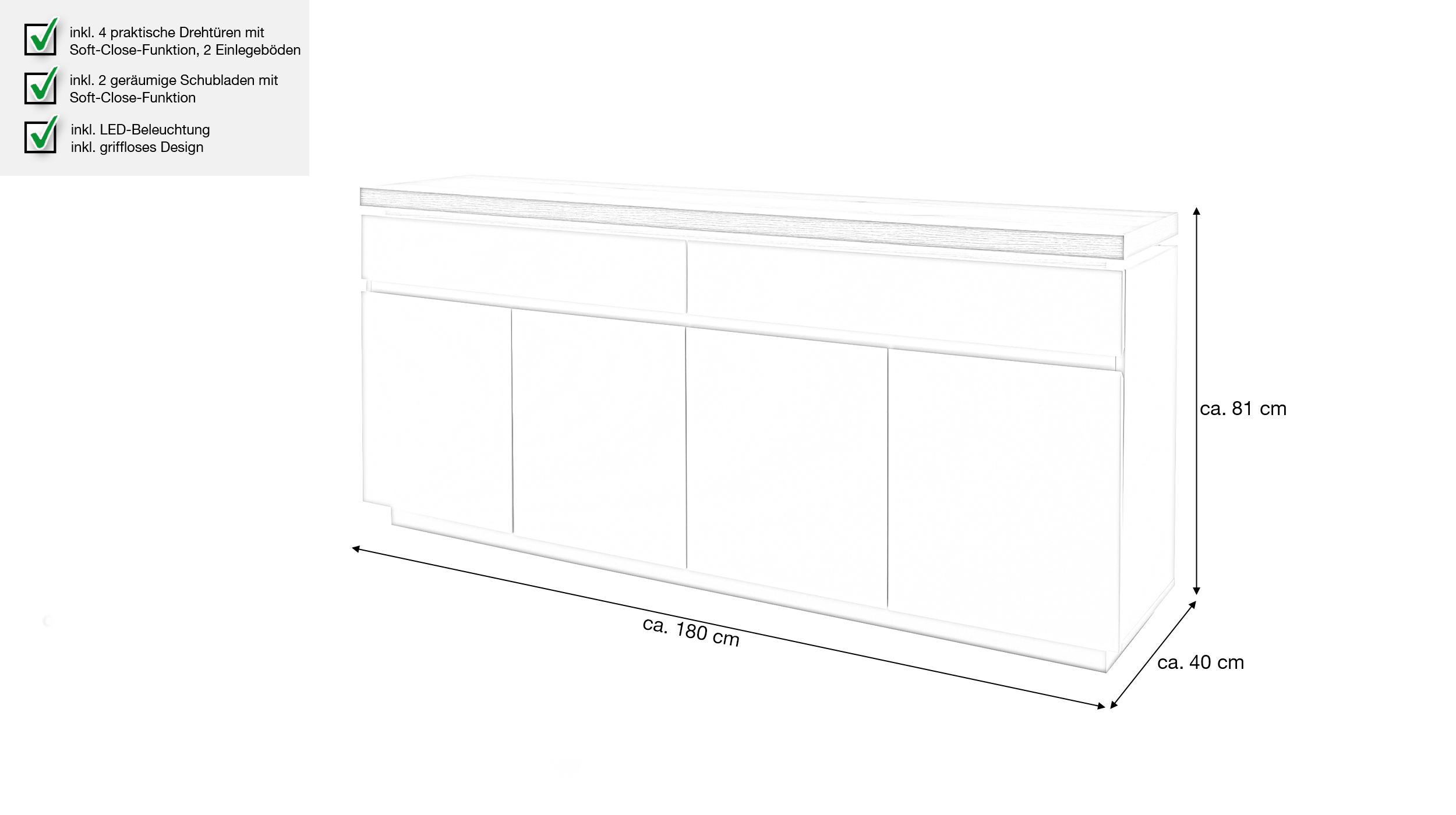Sideboard mit Beleuchtung Evoke Eiche 180 cm - REMOLINO 