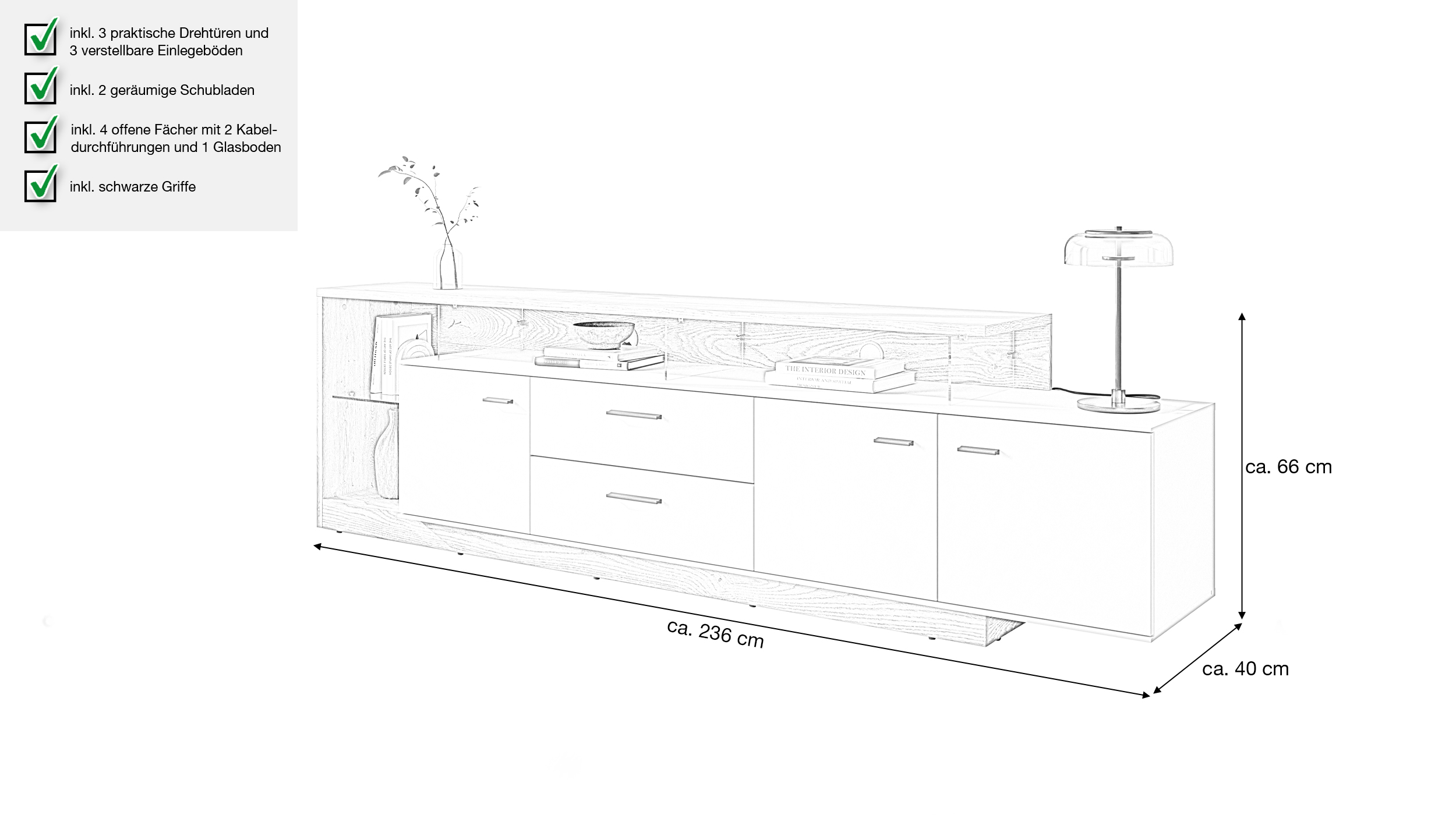 TV - Lowboard beige - Eiche - 236 cm TV-Board - MEOLO