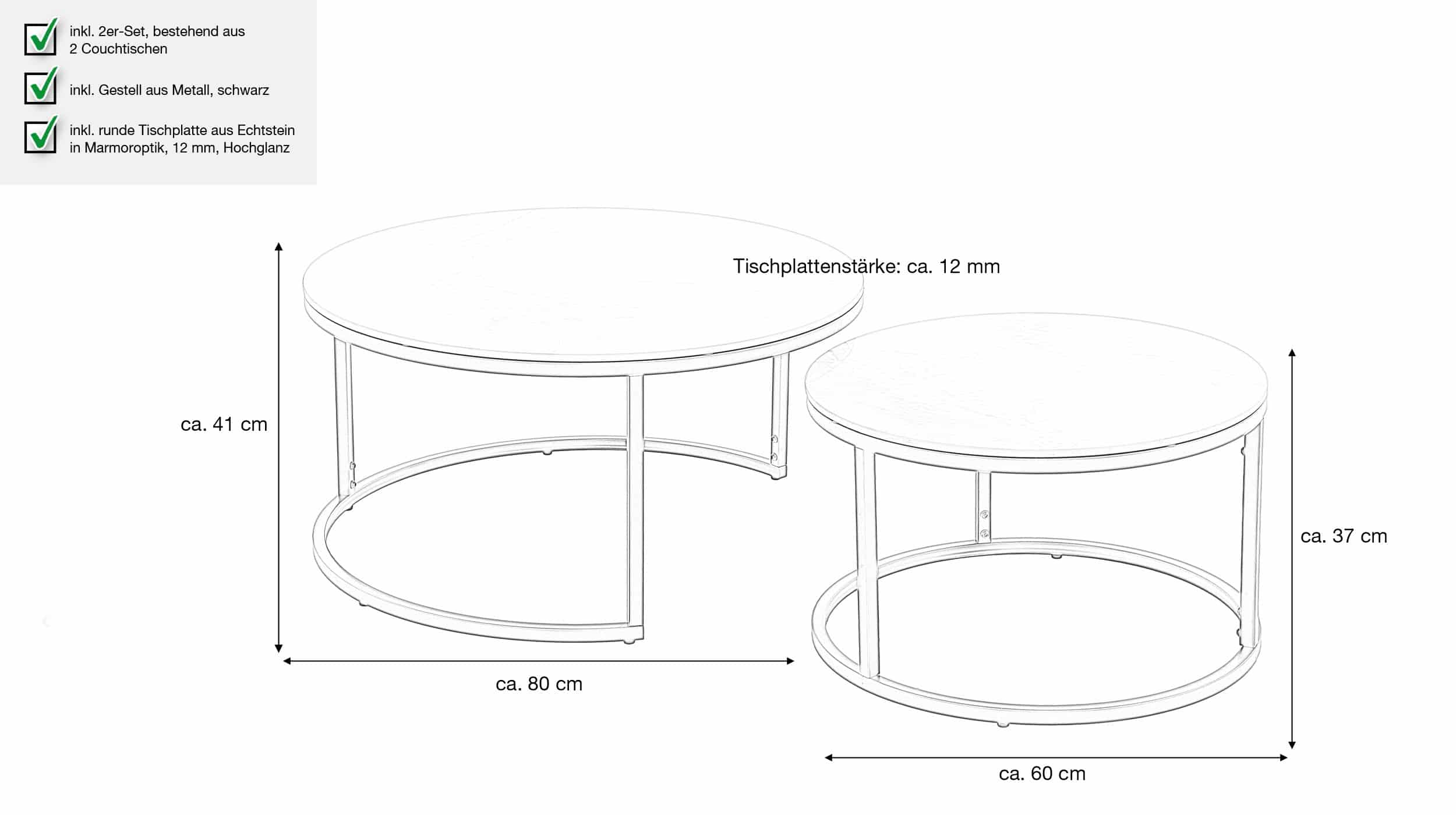 Couchtisch 2er-Set Marmoroptik grau hochglanz - 80 cm - 60 cm - LUAN