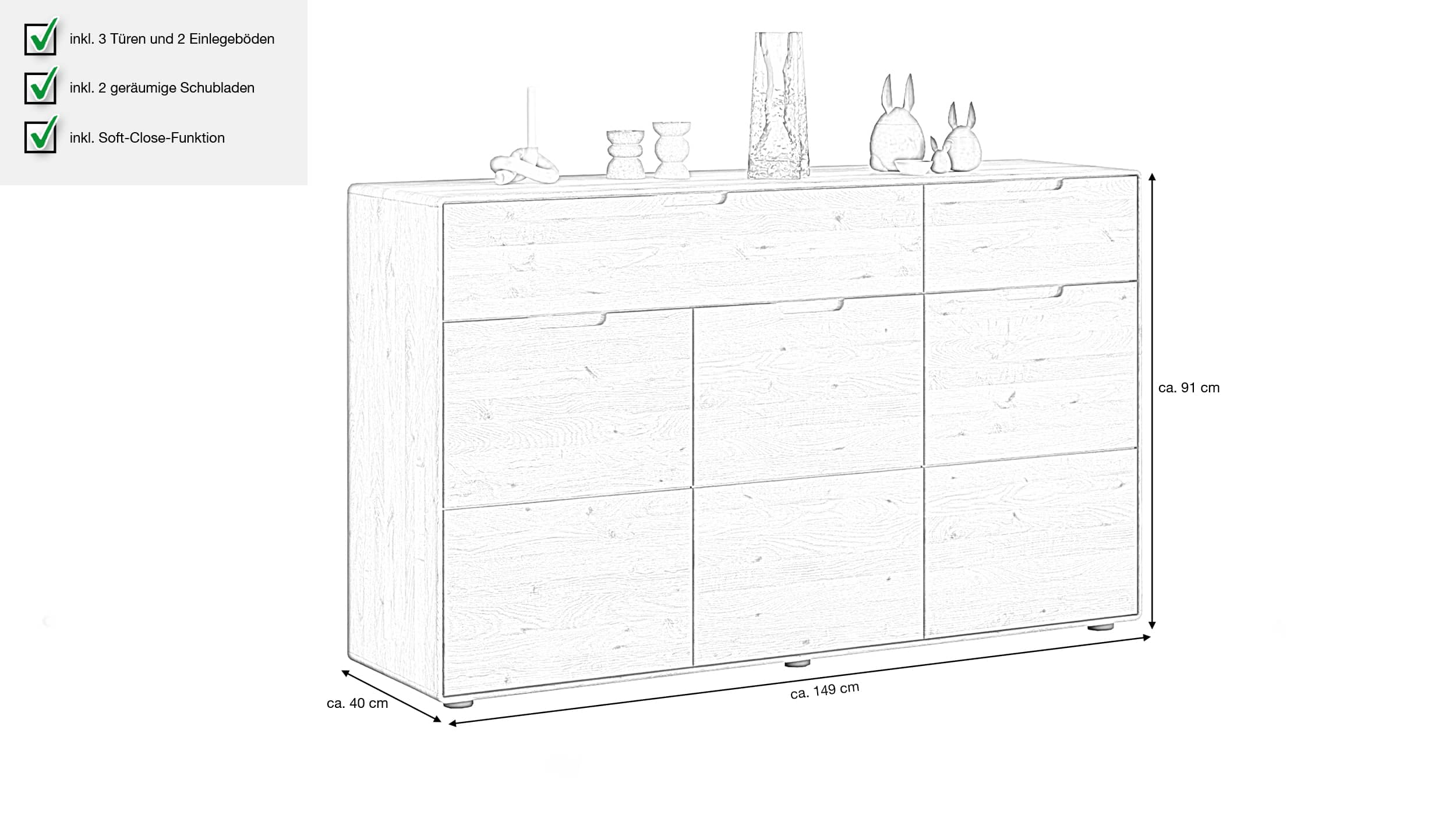 Sideboard mit 2 Schubladen Wildeiche massiv 149 cm - LUCAS 