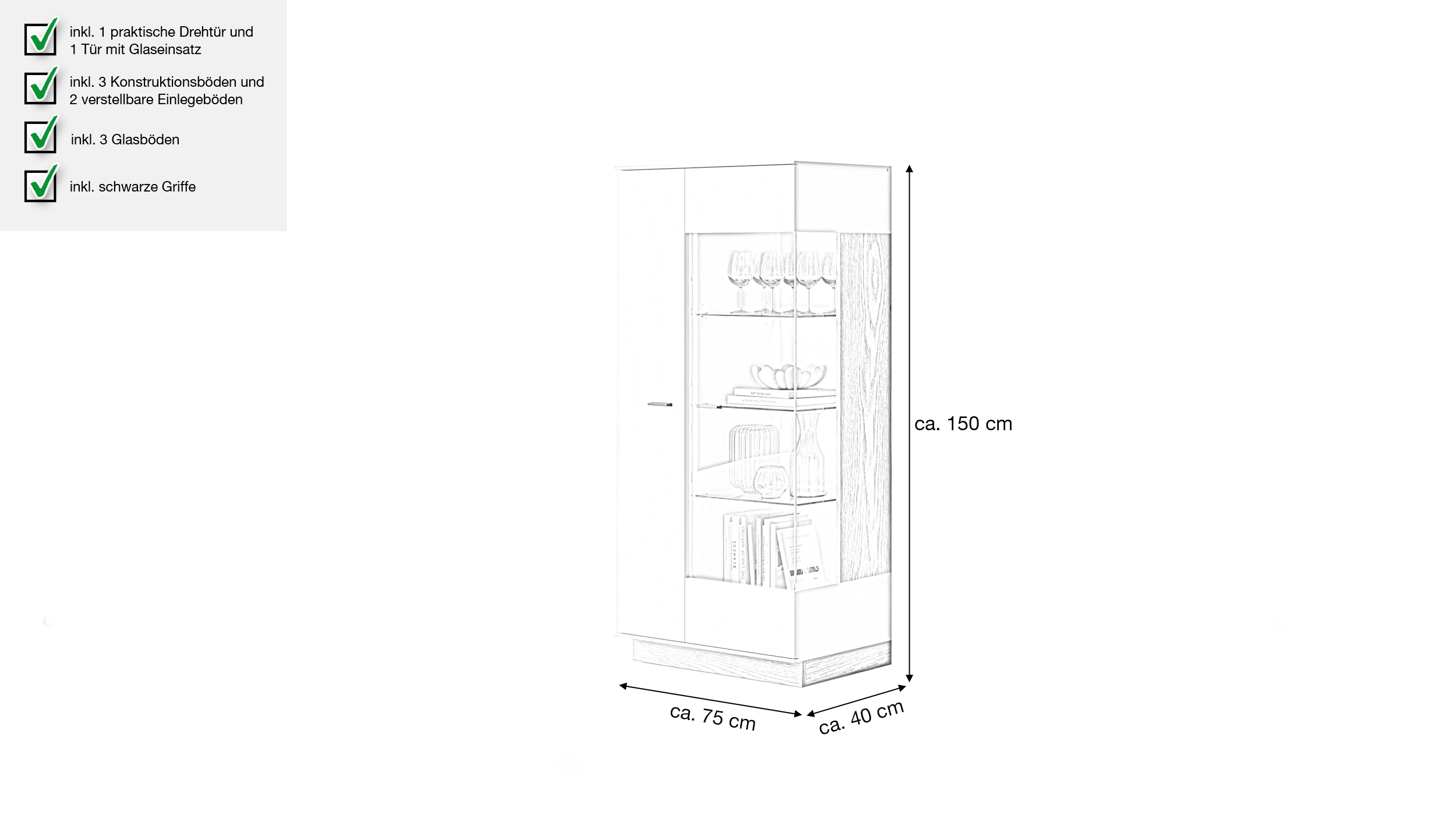 Vitrine mit Glastür beige - Eiche - Breite 75 cm - MEOLO