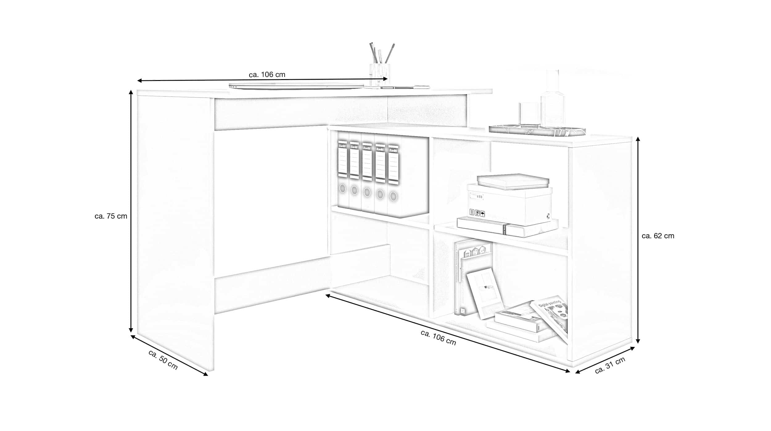 Eck-Schreibtisch weiß 106 cm - 4 Fächer - HIT