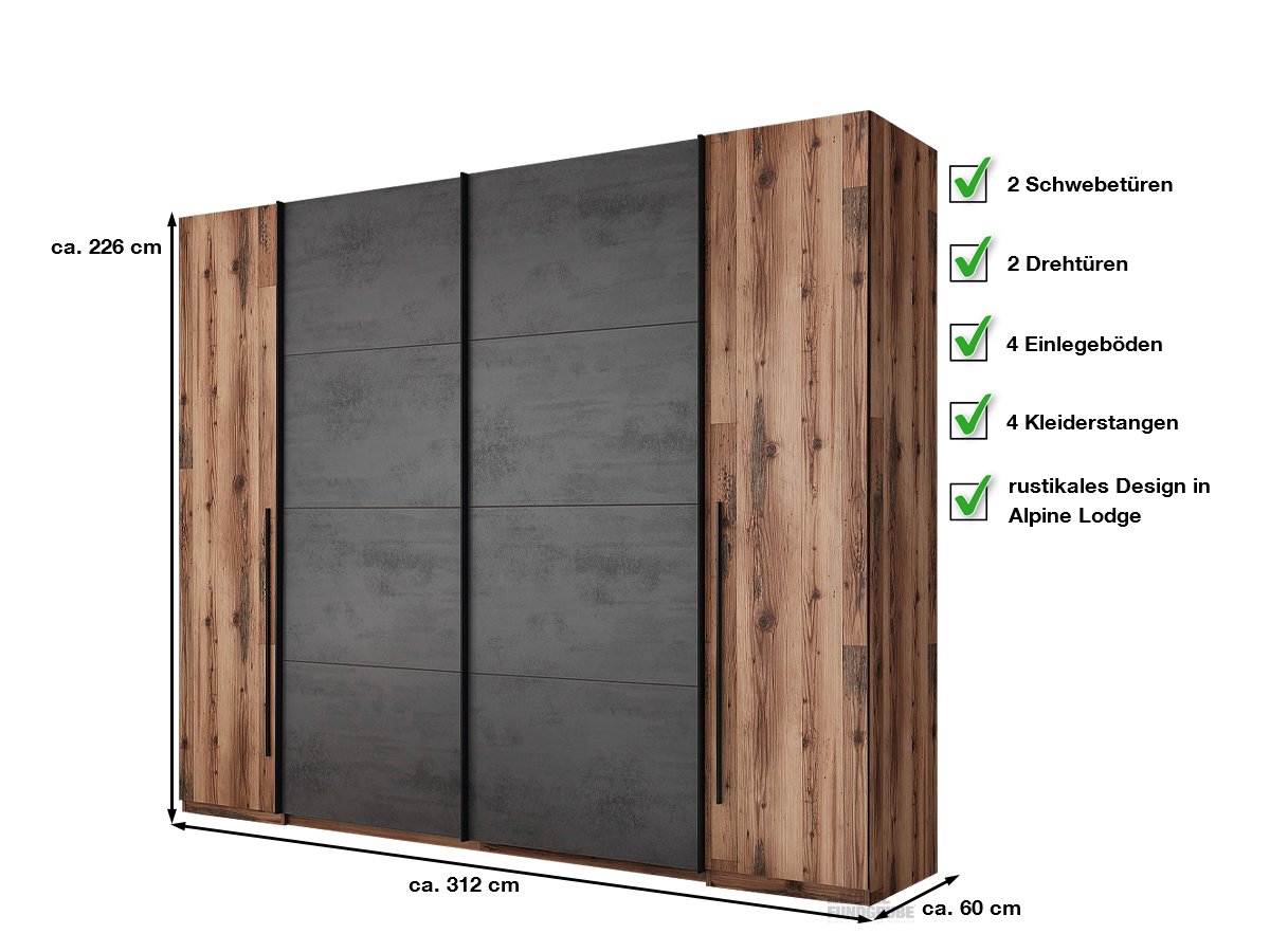 Kleiderschrank Alpine Lodge - grau Schwebetürenschrank 312 cm - SARNIA