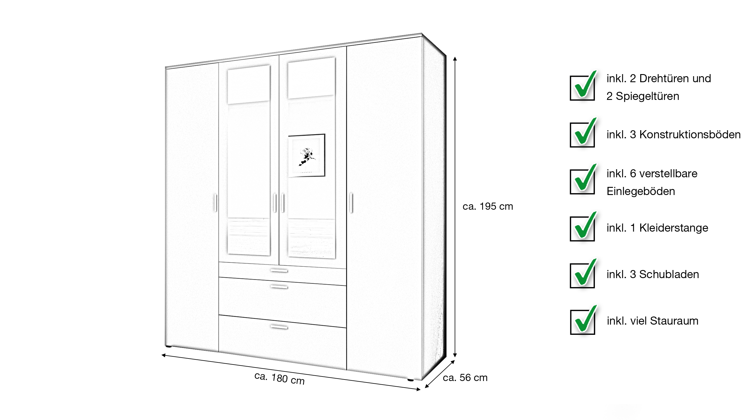 Kleiderschrank graphit mit Spiegel - 180 cm - 4-türig - VESALA