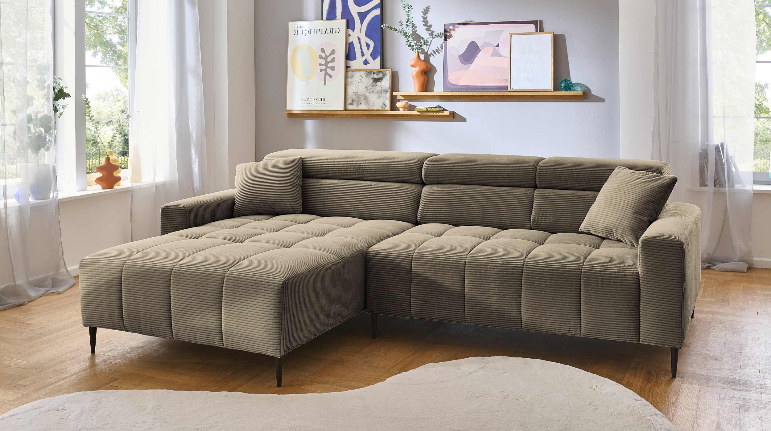 Ecksofa Cord grün ausziehbar - Sitztiefenverstellung 256 cm - SIMPLE