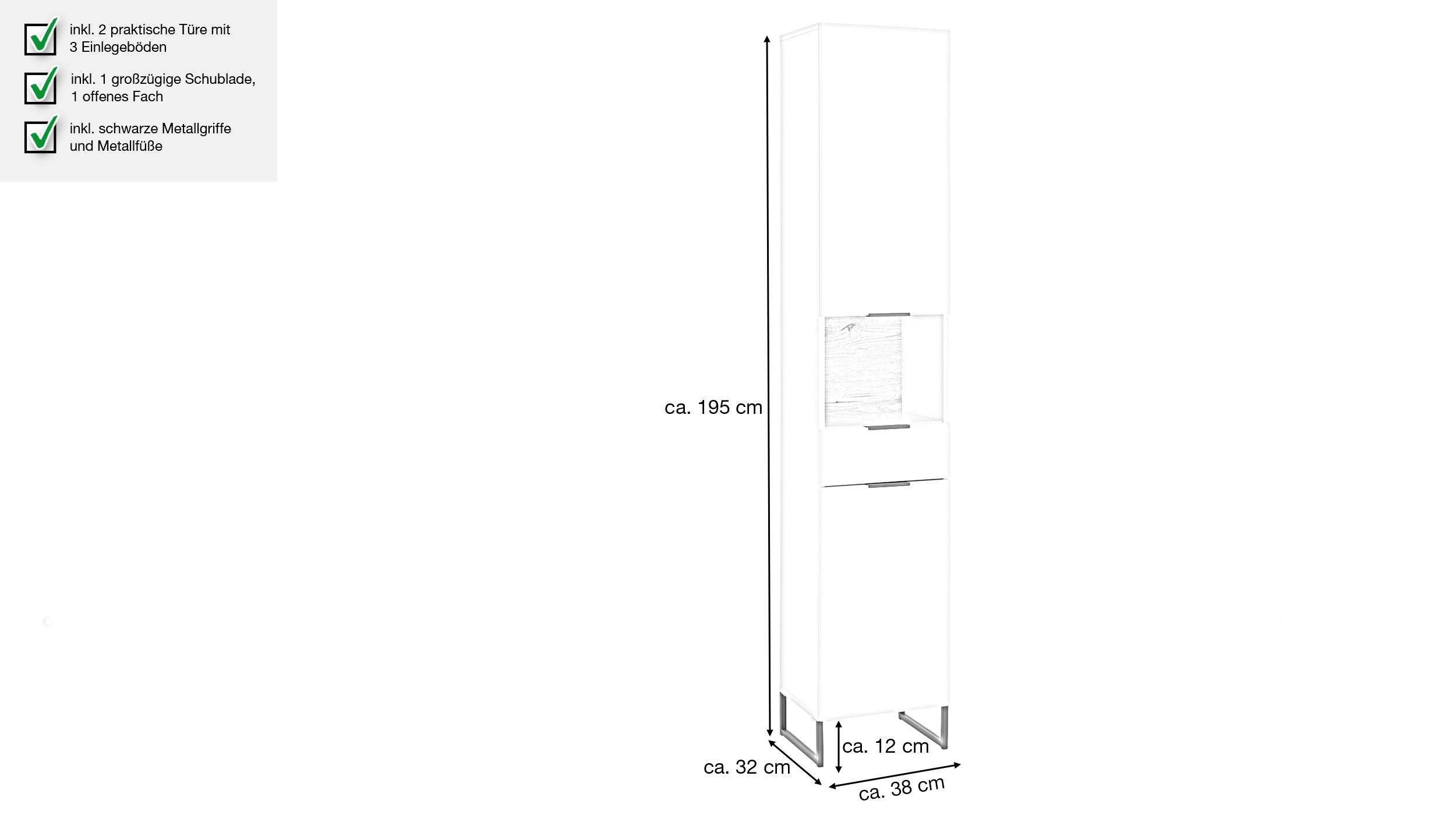 Bad Hochschrank weiß Eiche 2 Türen 195 cm - DALIA