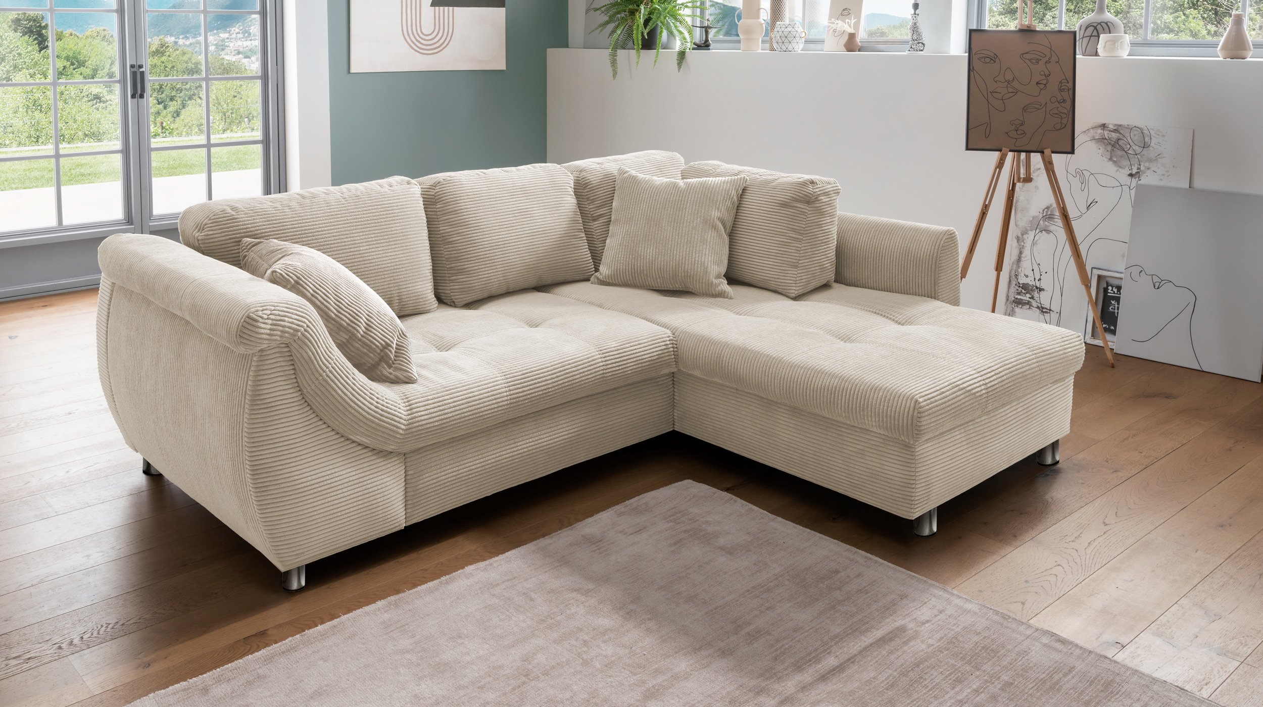Ecksofa Cord beige Schlaffunktion Bettkasten 250 x 190 cm - AGIRA