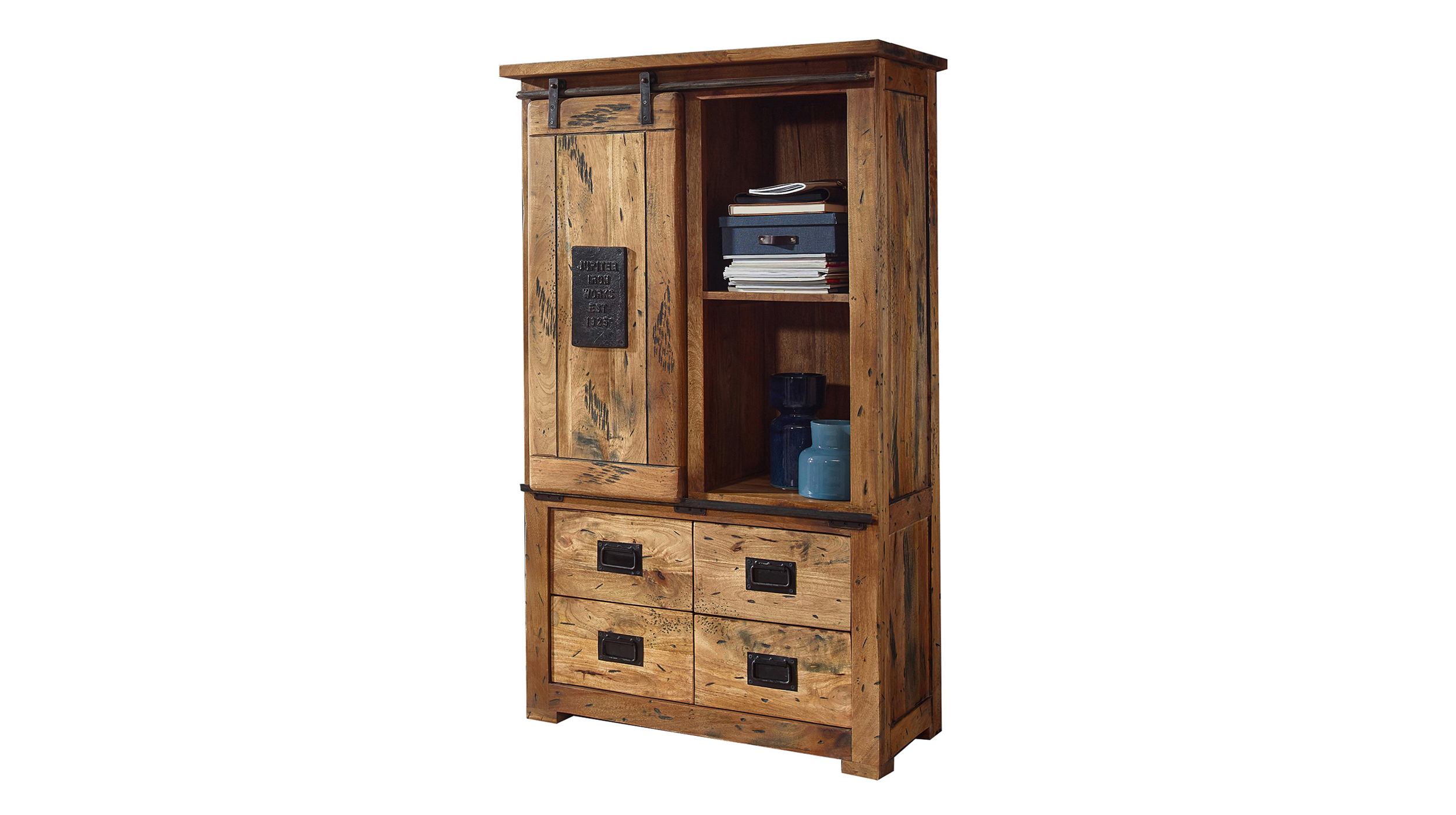 Highboard mit 1 Rolltür Mango massiv 90 cm - montiert - EMANUEL