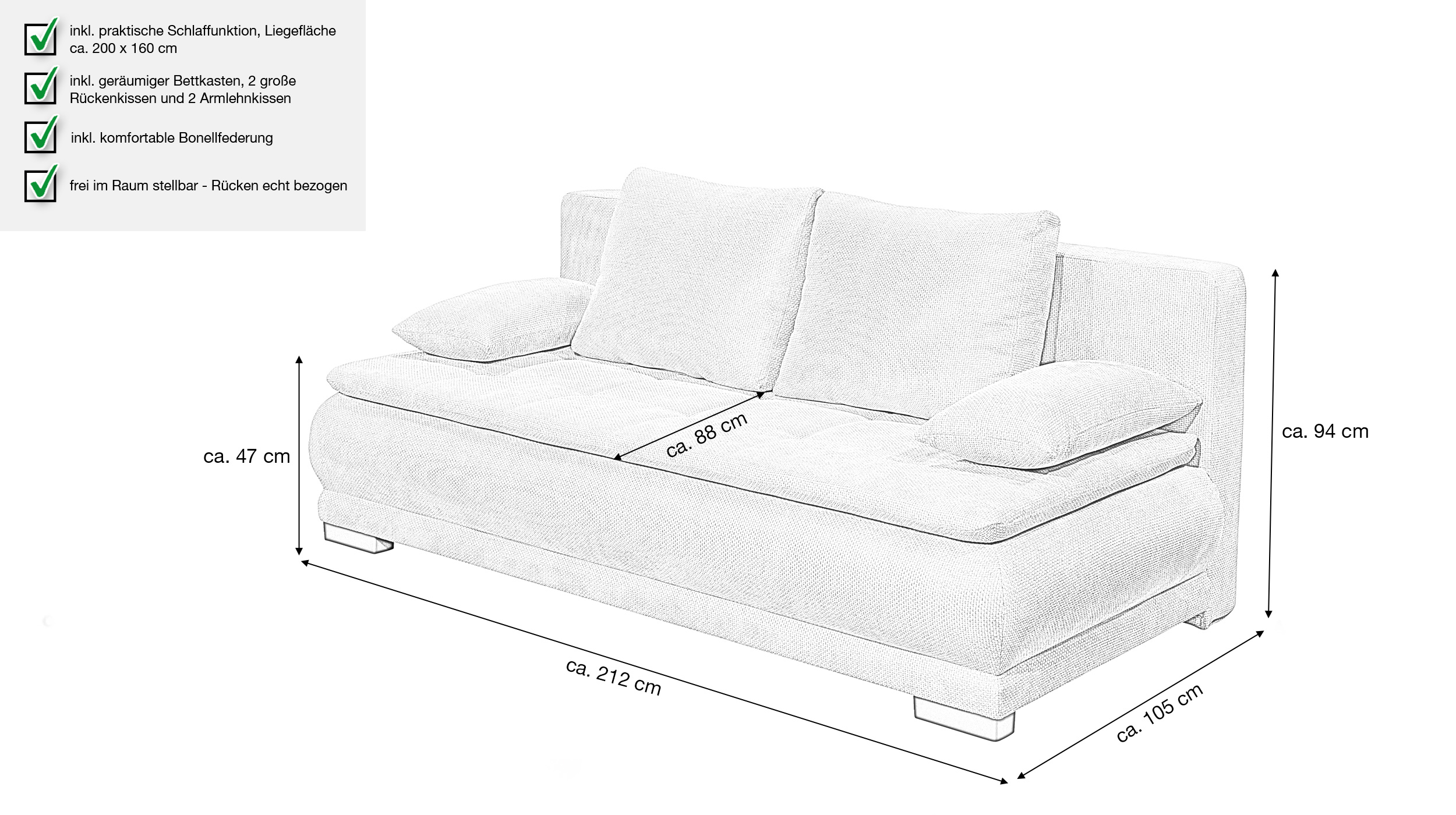 Schlafsofa grau Bettkasten ausziehbar Federkern 212 cm - LIAM