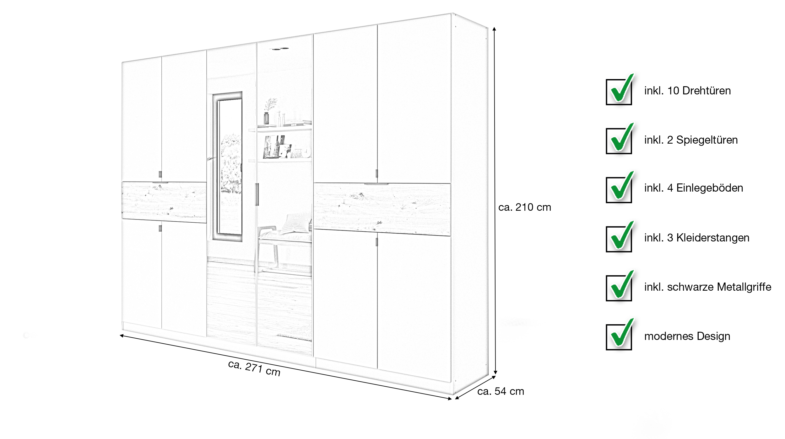 Kleiderschrank mit Spiegel champagner Eiche 271 cm - SAJO