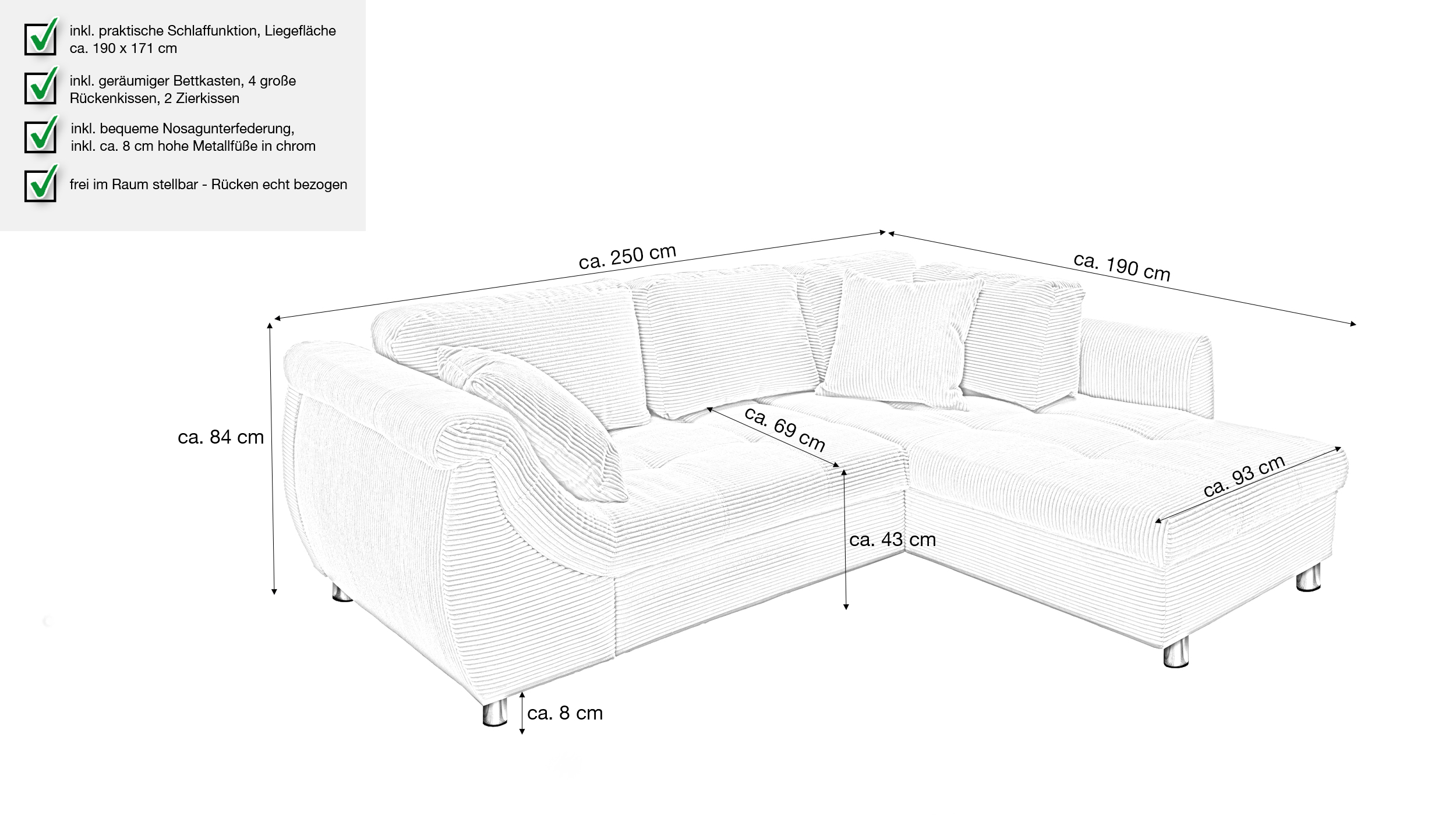 Ecksofa Cord grau Schlaffunktion Bettkasten OT rechts - LUNARO