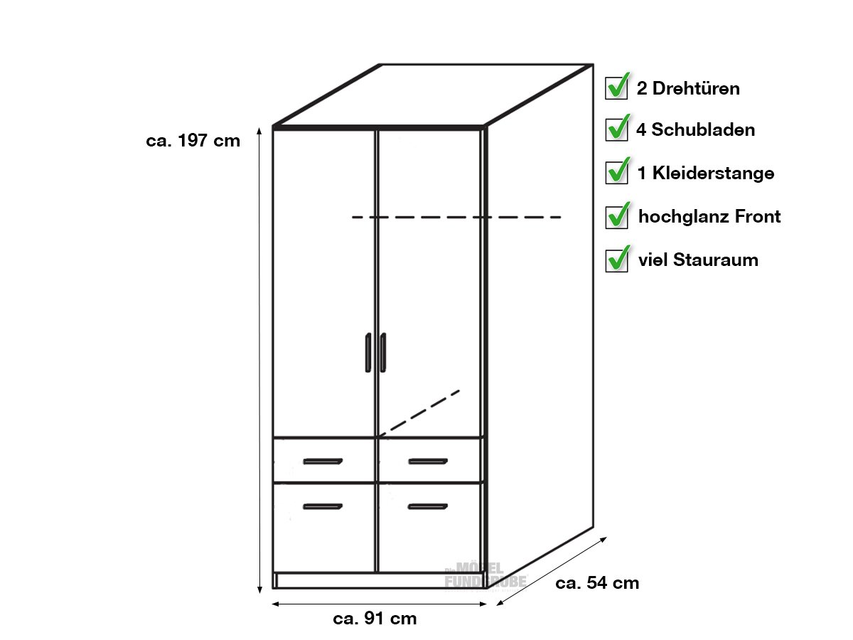 Kleiderschrank weiß hochglanz - rauch - 91 cm - CELLE Kleiderschrank weiß hochglanz - rauch - 91 cm - CELLE