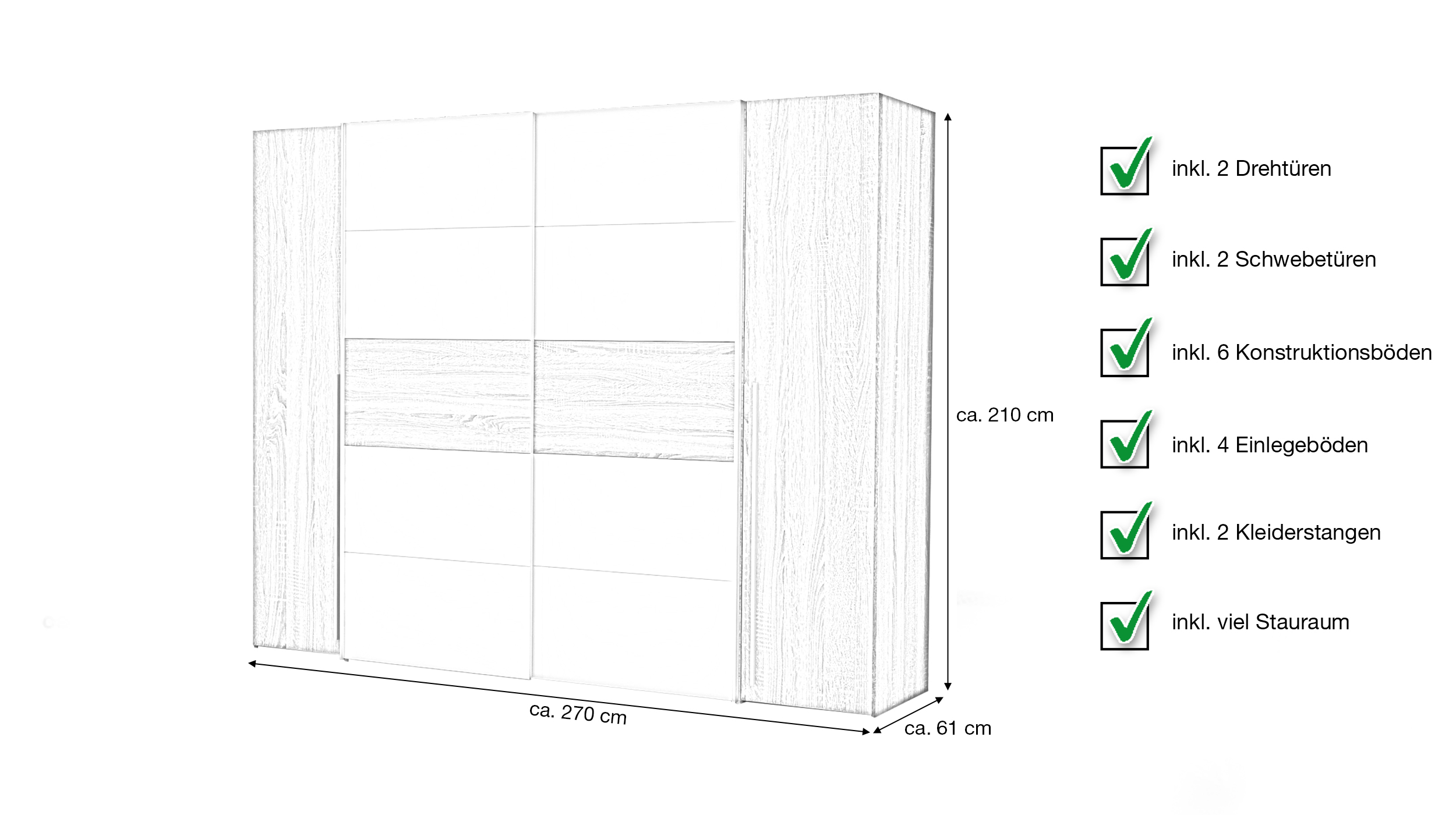 Kleiderschrank Sonoma Eiche - weiß - 270 cm - Schwebetüren - NARAGO