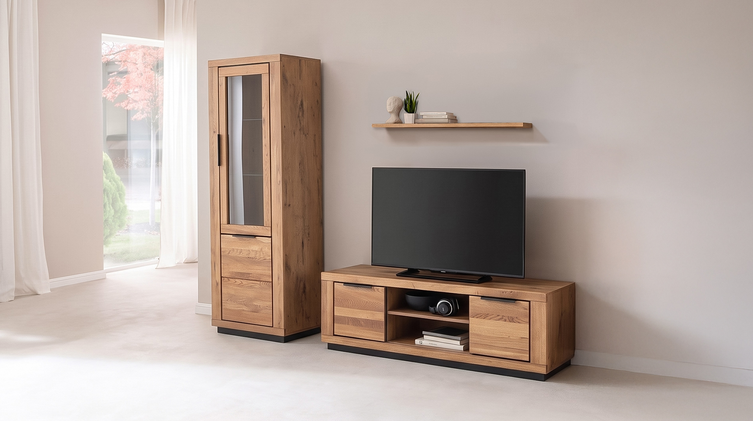 Wohnzimmer-Set Wildeiche 3-teilig mit Vitrine und TV-Lowboard - GRENO