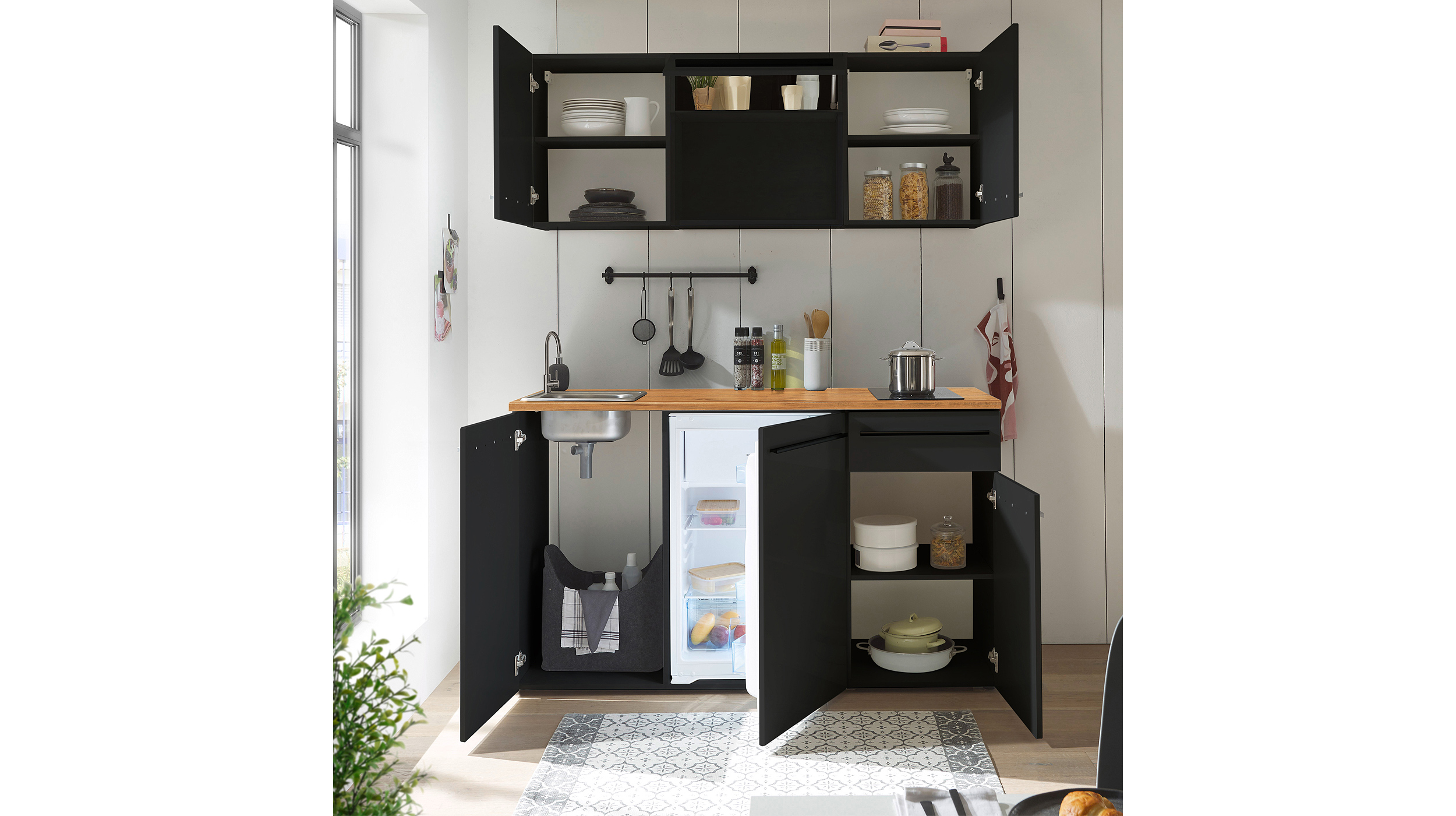 Miniküche - inkl. Elektrogeräte - 160 cm - schwarz matt - JAZZ