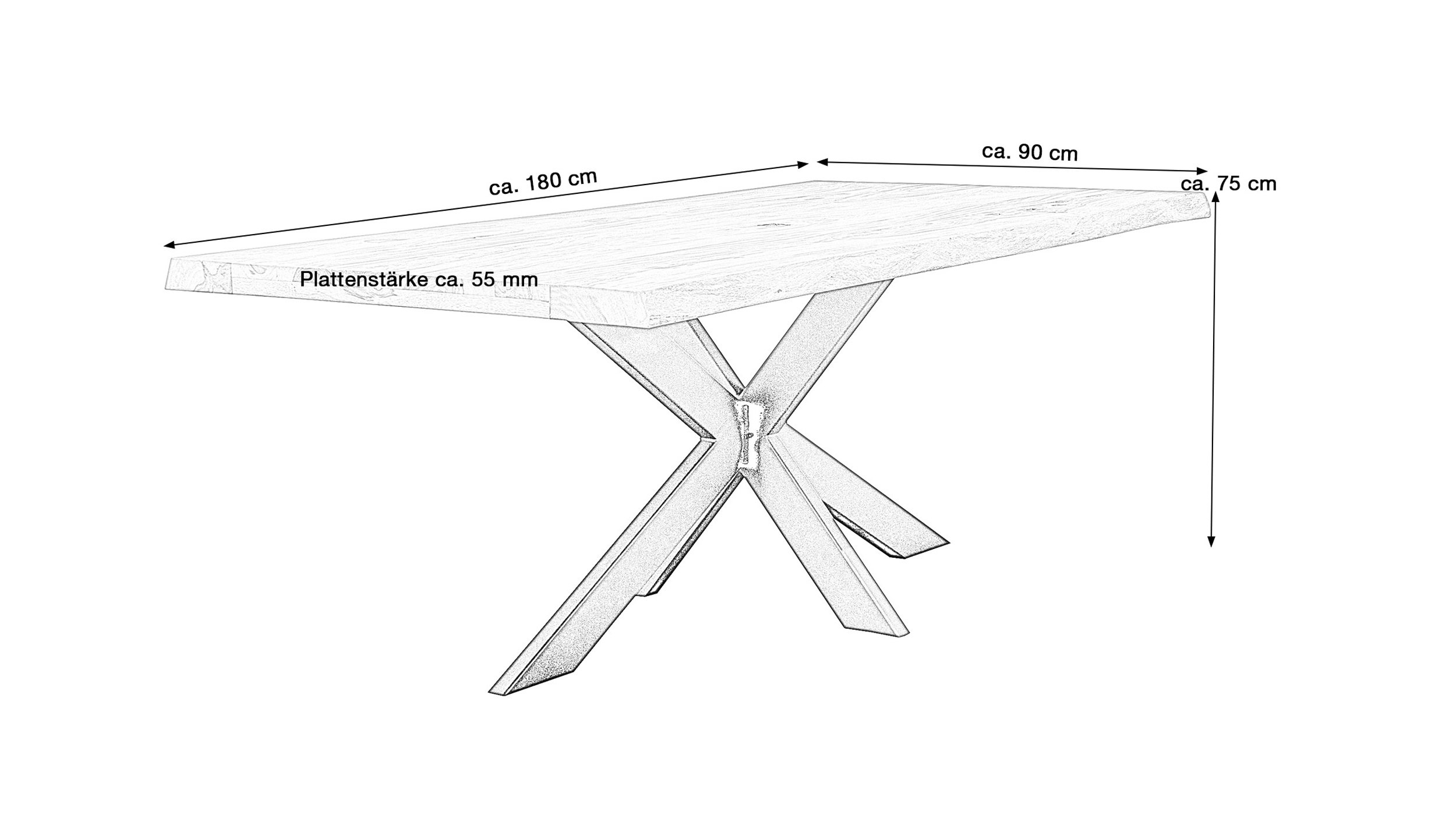 Esstisch Baumkantentisch 180 cm massiv lackierte Akazie - TIM