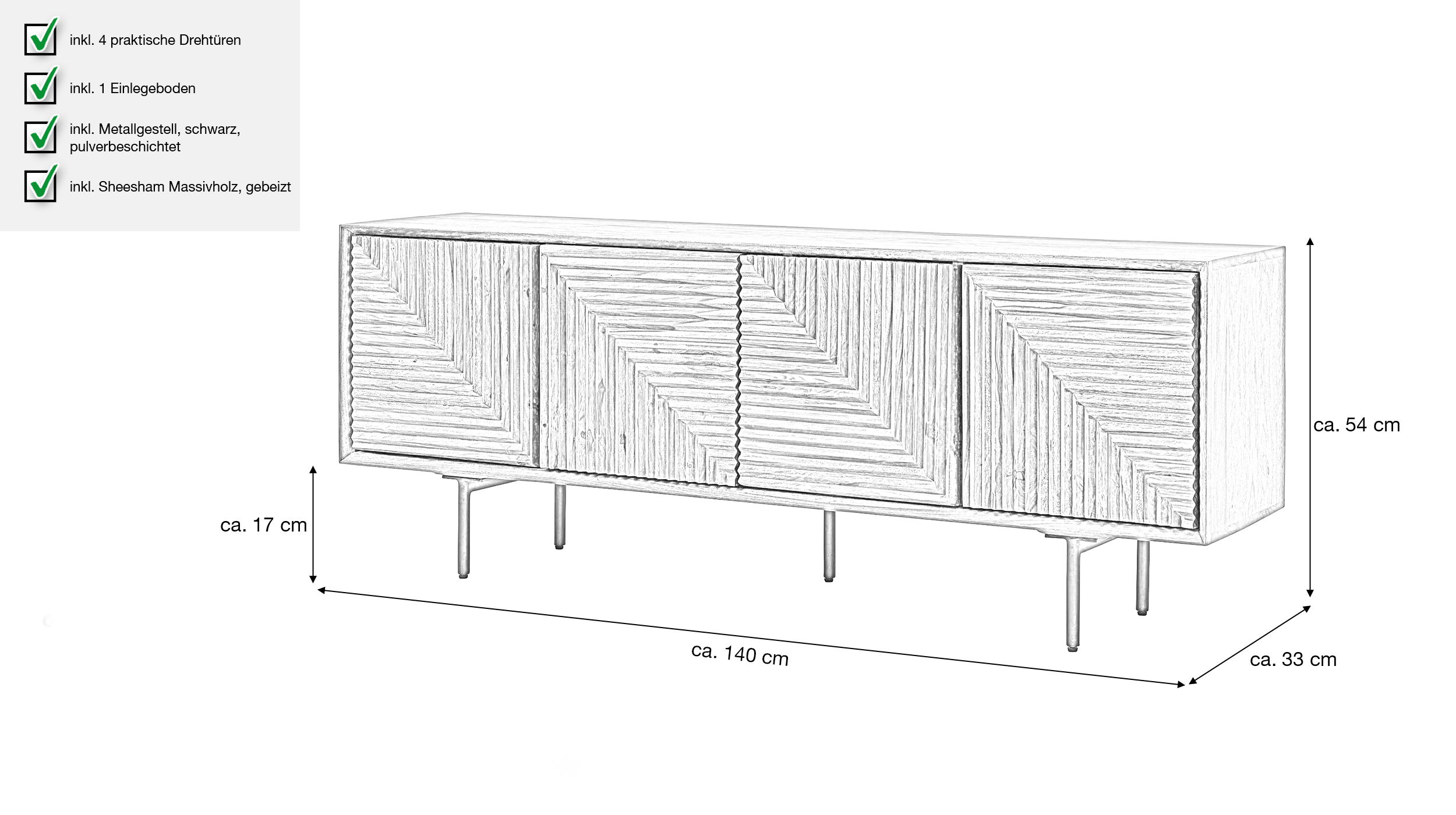 TV - Lowboard Sheesham massiv gebeizt 140 cm - TV-Board - DAINA