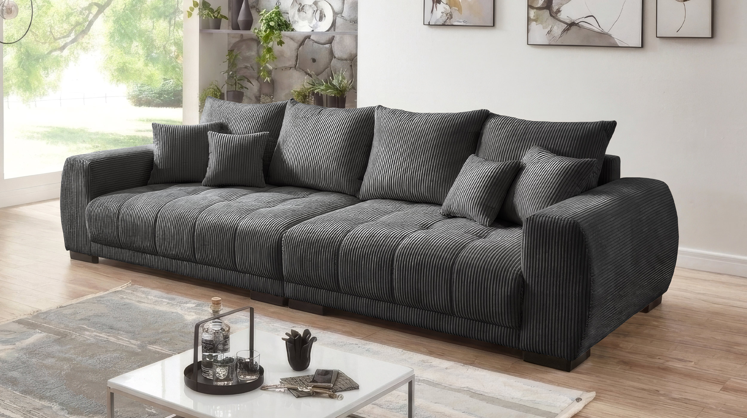 Big Sofa Cord grau mit Nosagunterfederung 300 cm - ARTEMIS