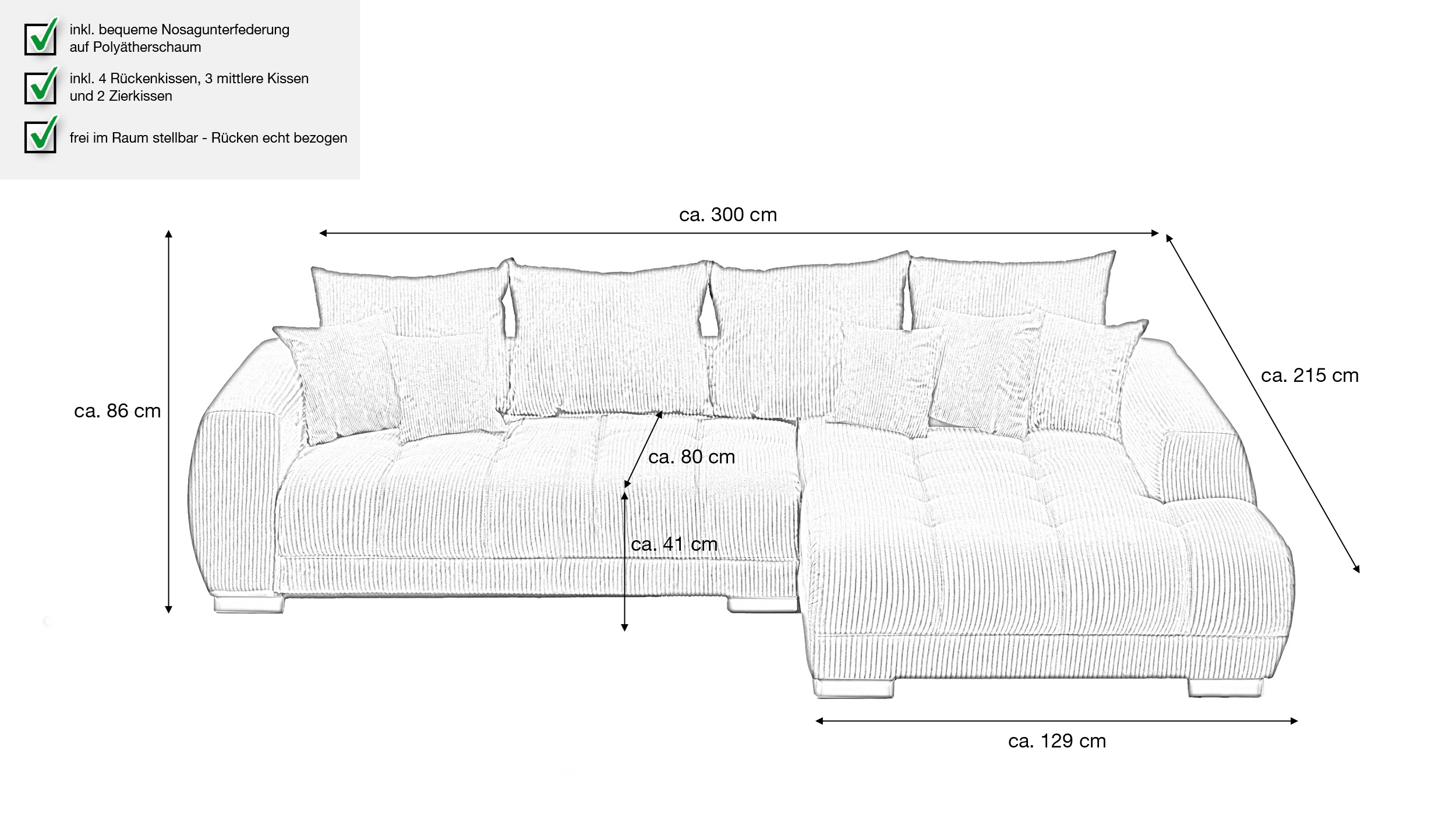 Ecksofa Cord rost 300 x 215 cm - OT rechts - ARTEMIS