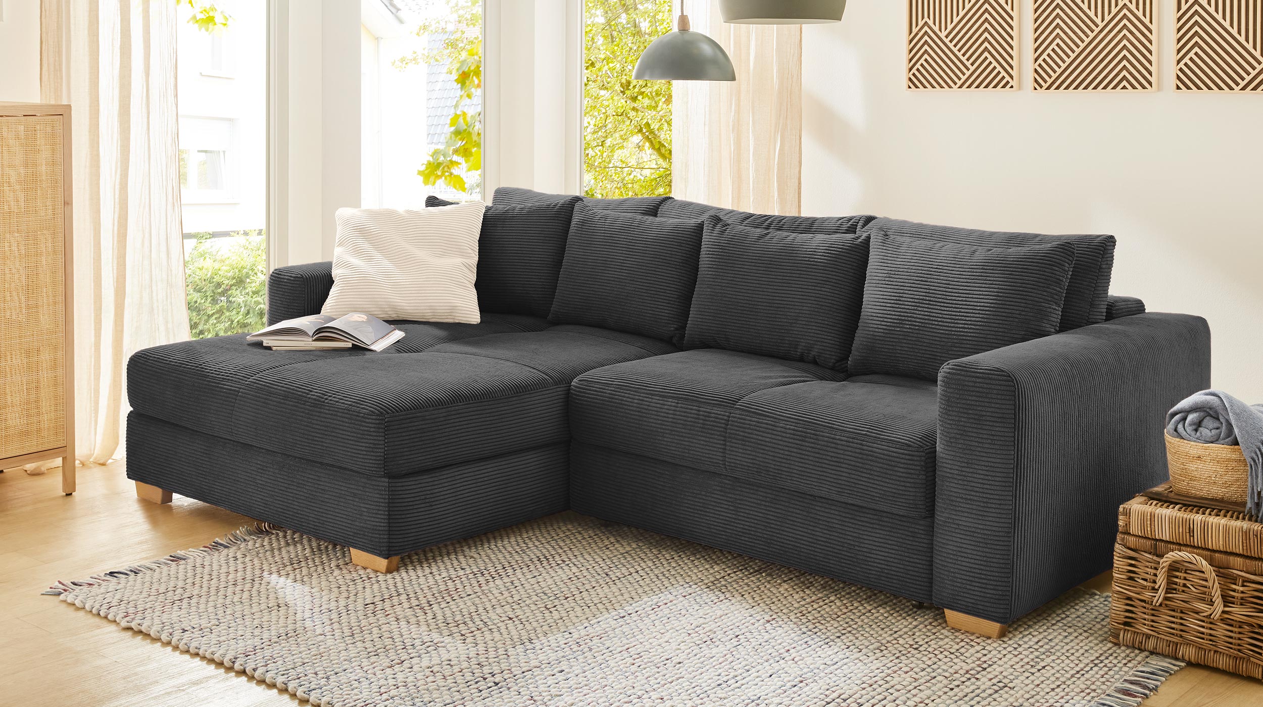 Ecksofa Cord grau Schlaffunktion Bettkasten 288 x 186 cm - KAMPEN