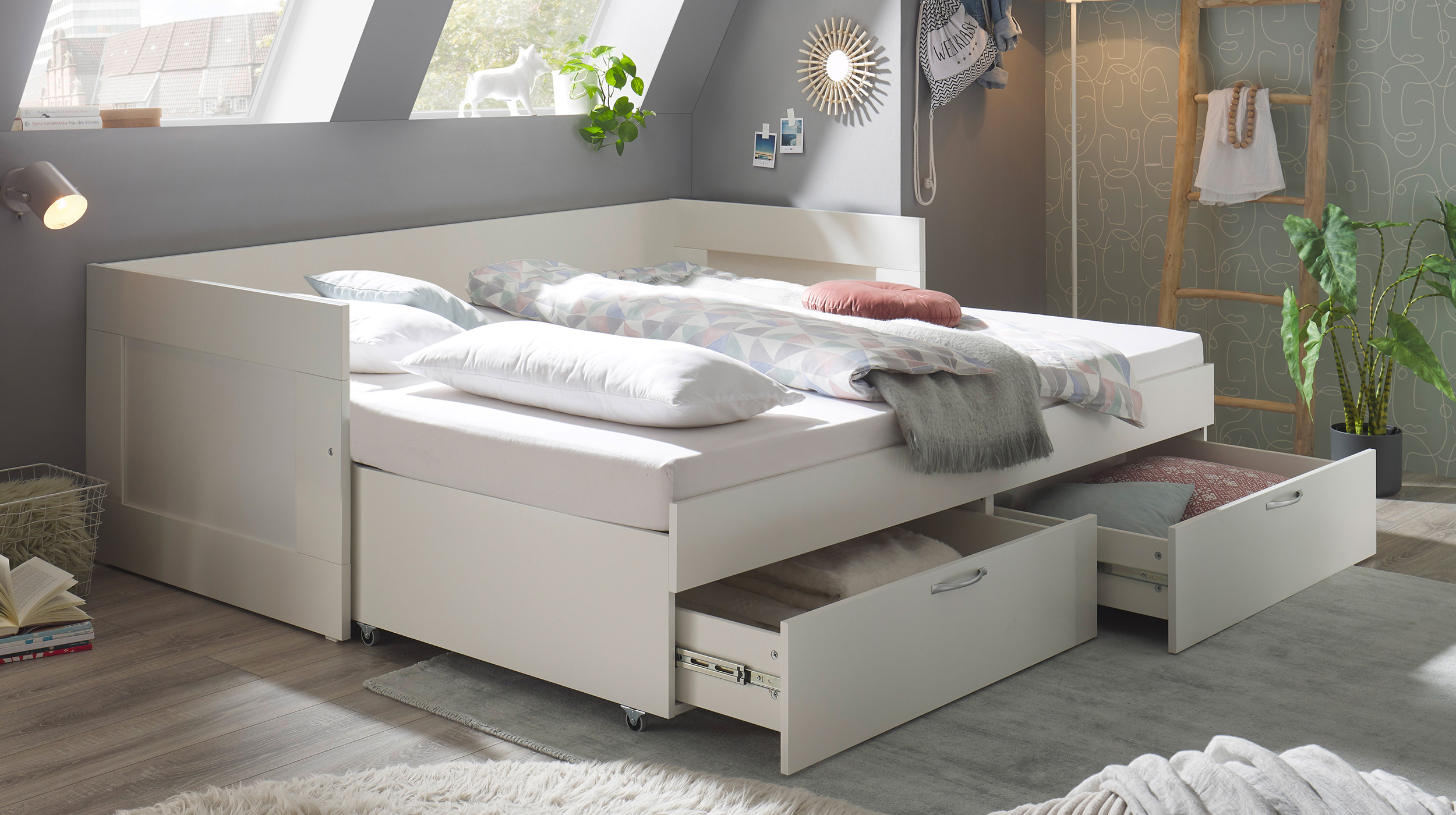 Jugendbett ausziehbar mit Schubladen weiß 90 x 200 cm - SALIAS