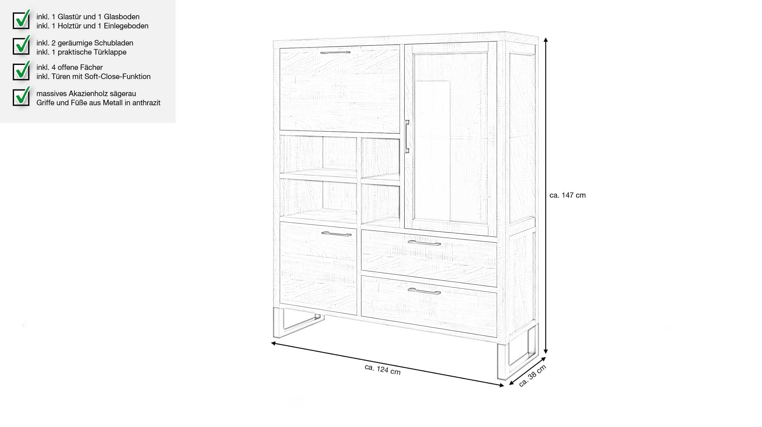 Highboard 1 Glastür Akazie massiv 124 cm - BENIKO