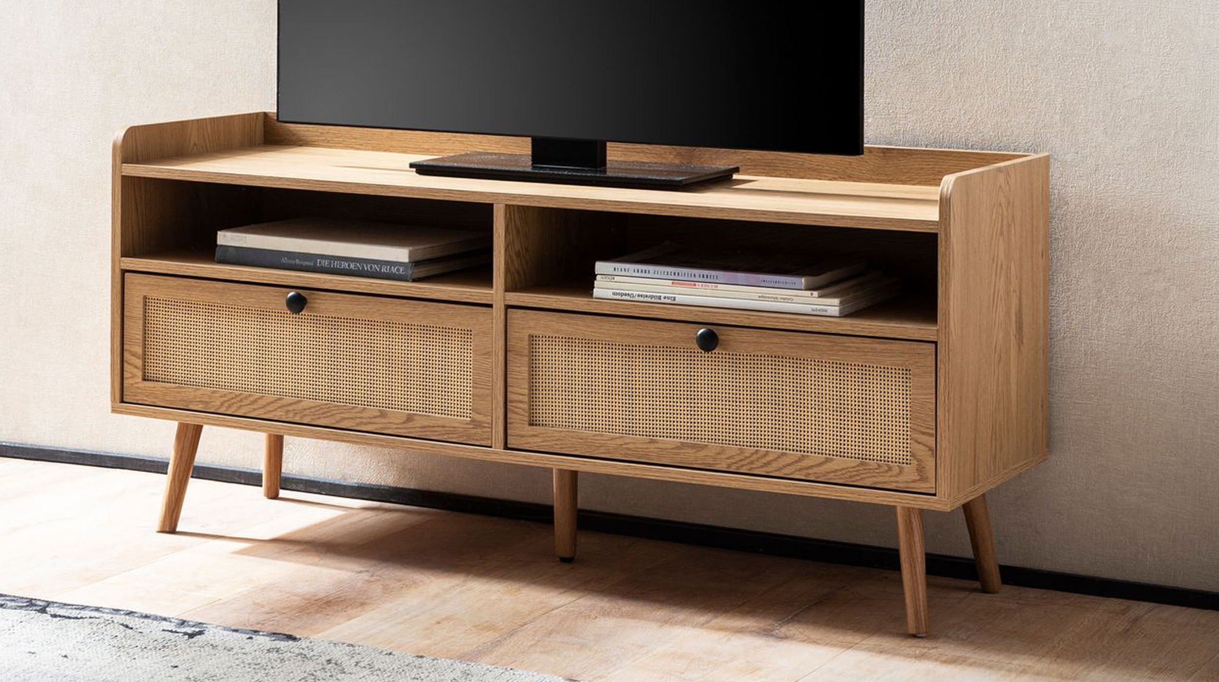 TV - Lowboard Eiche teilmassiv - Rattan 120 cm - RATVAN
