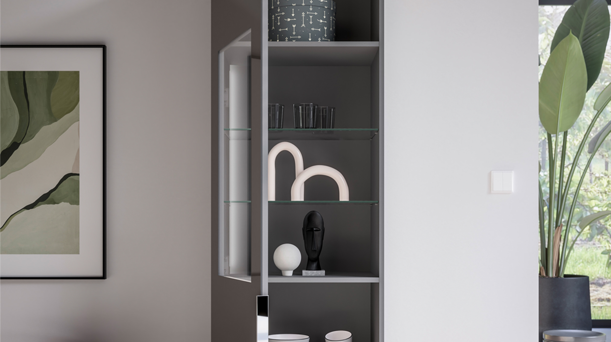 Vitrine mit Beleuchtung anthrazit - Glasfront - Breite 55 cm - SANTORIN