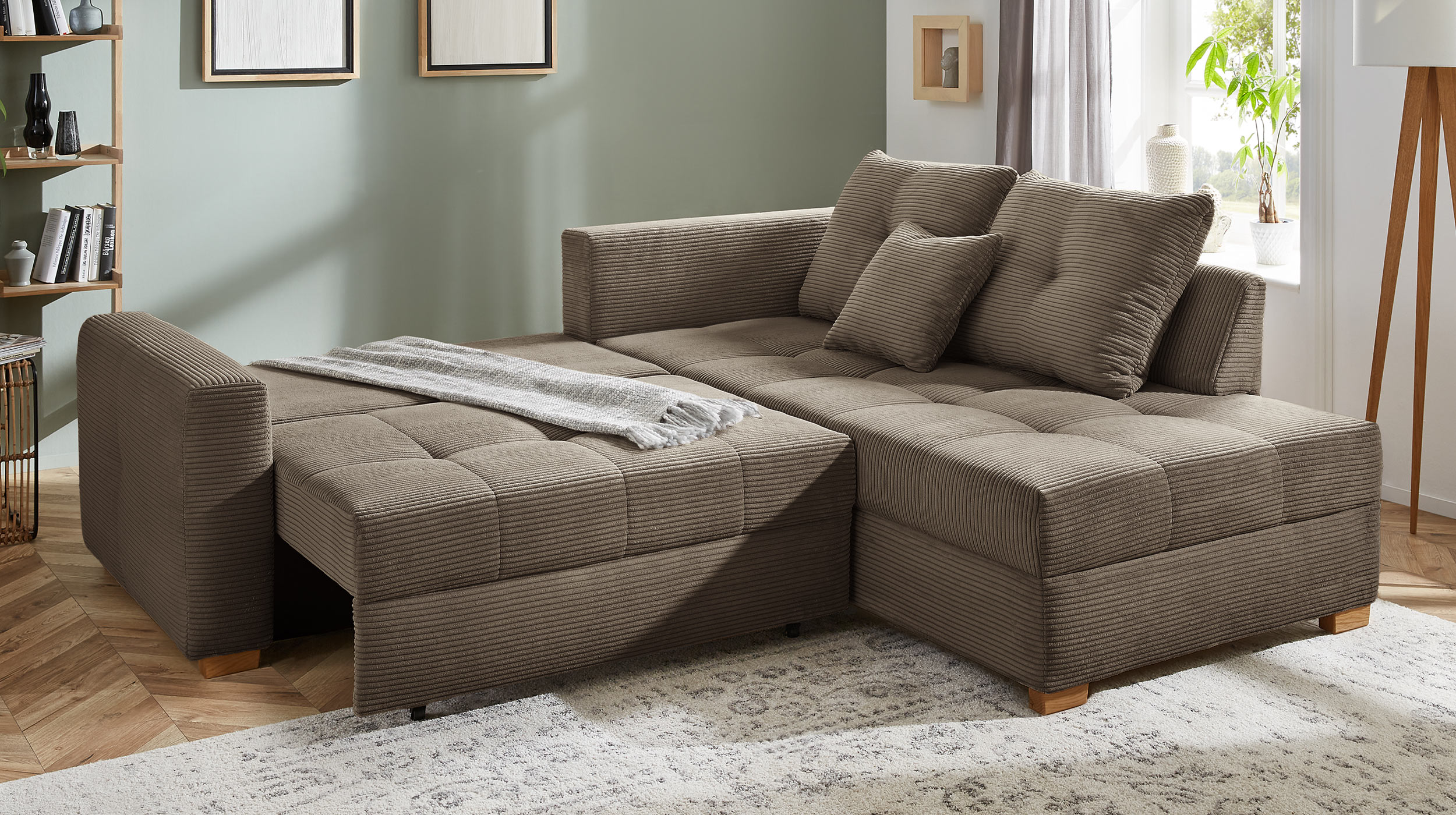 Ecksofa Cord taupe - Schlaffunktion Bettkasten 228 cm - HEIDELBERG
