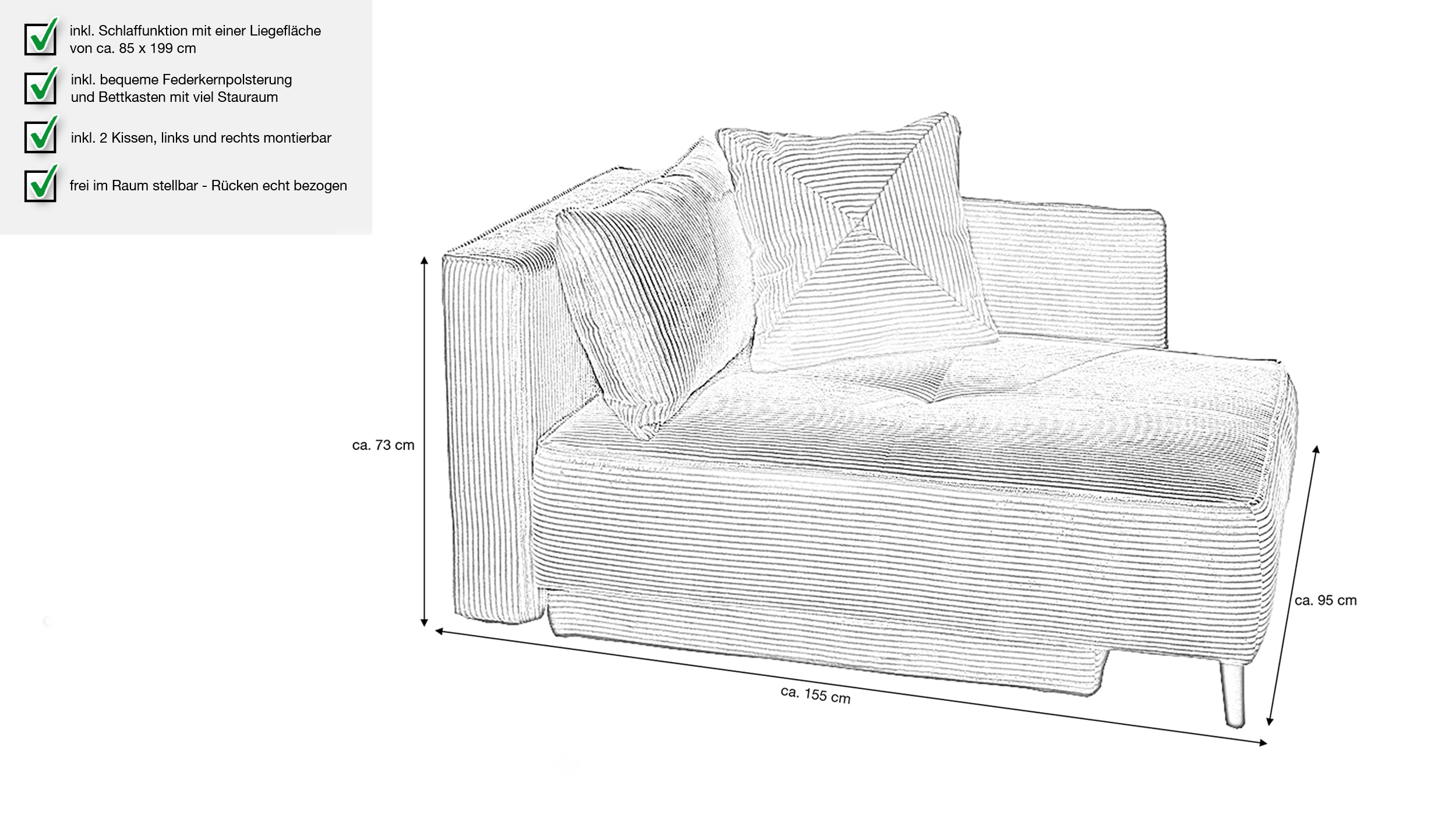 Einzelsofa Cord grün 155 cm Recamiere mit Schlaffunktion - REX