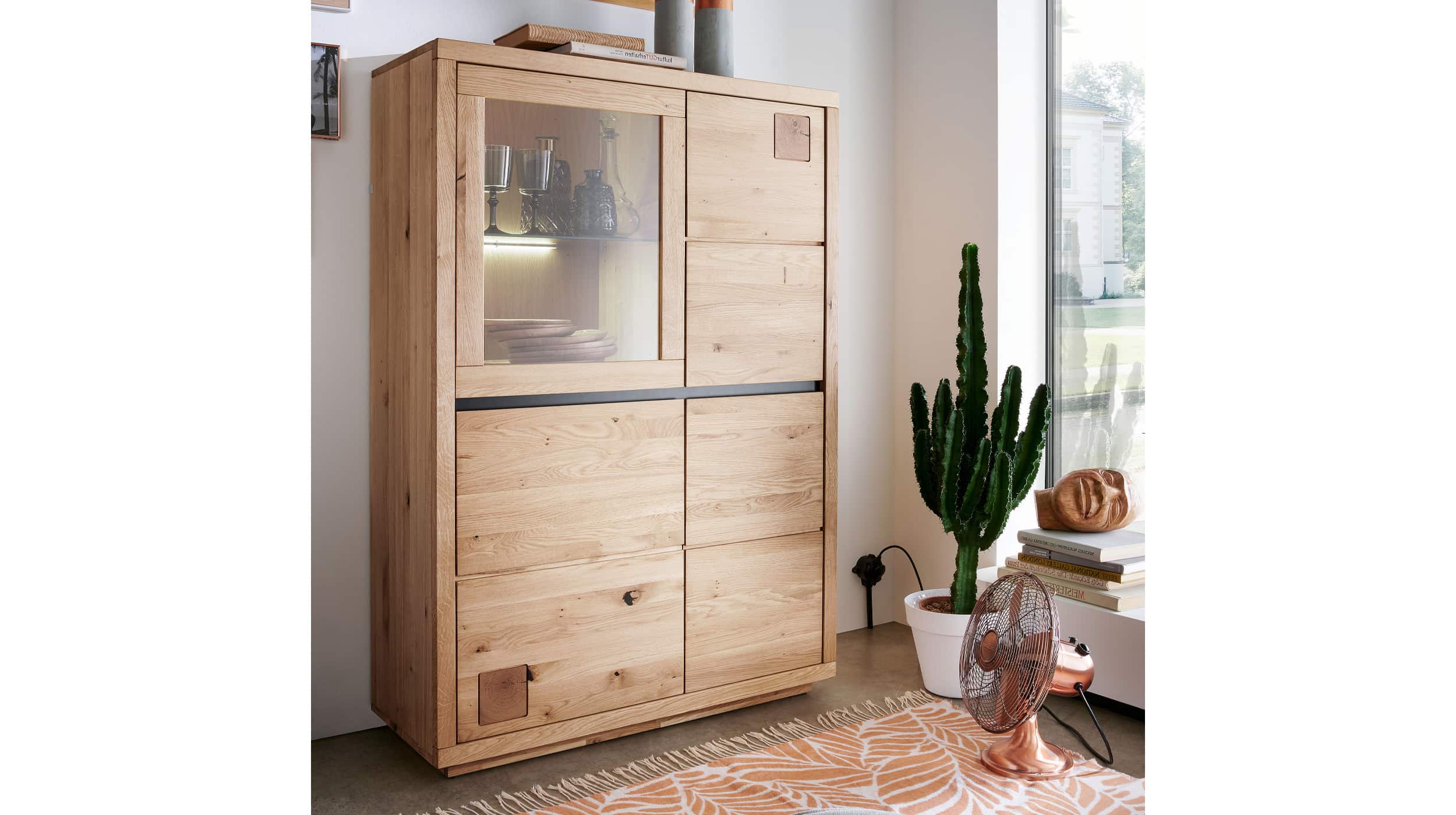 Highboard mit Glastür Wildeiche massiv geölt 103 cm - GIRONA