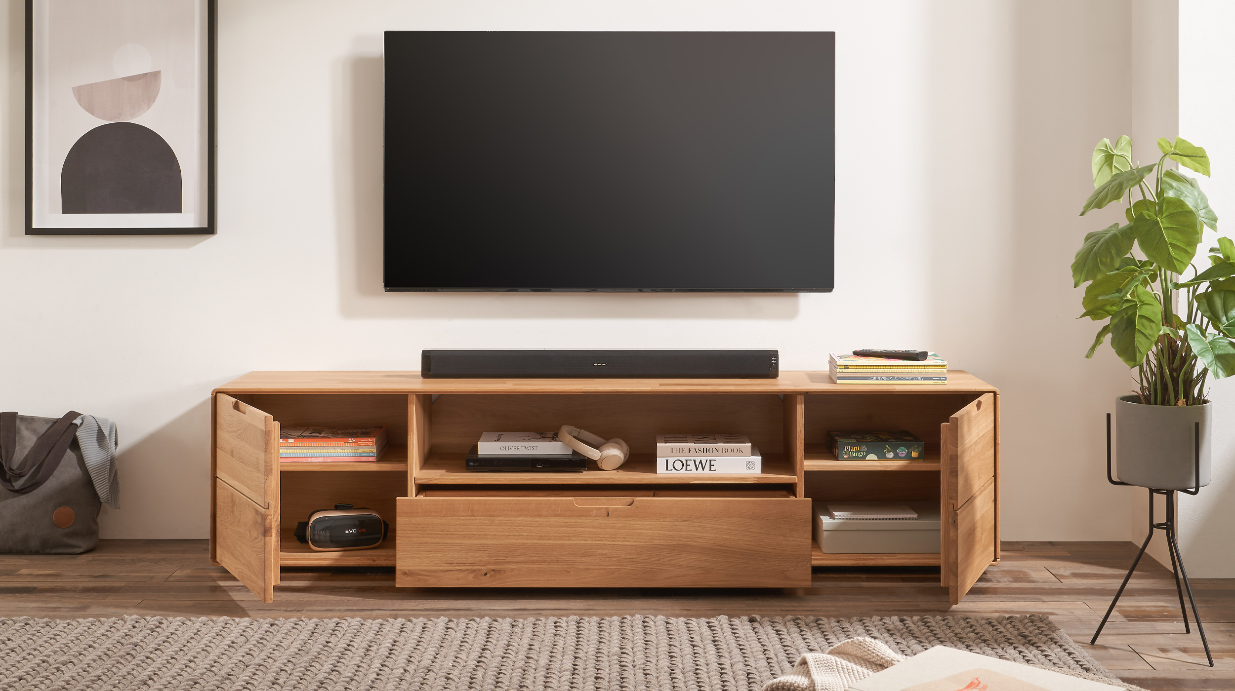 TV-Lowboard Wildeiche massiv geölt 200 cm - LUCAS