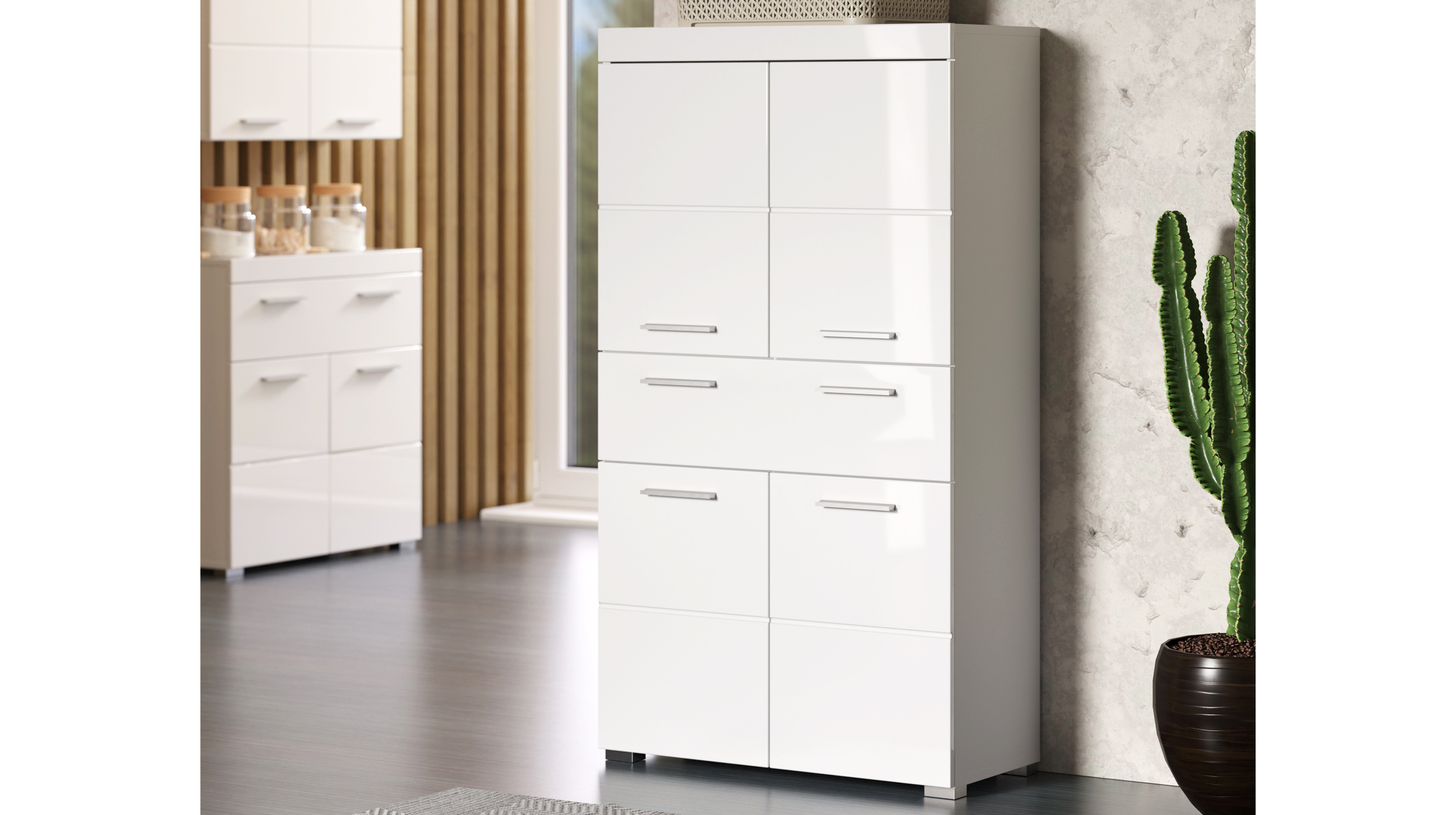 Bad Hochschrank weiß hochglanz 4 Türen 73 cm - AMANDA