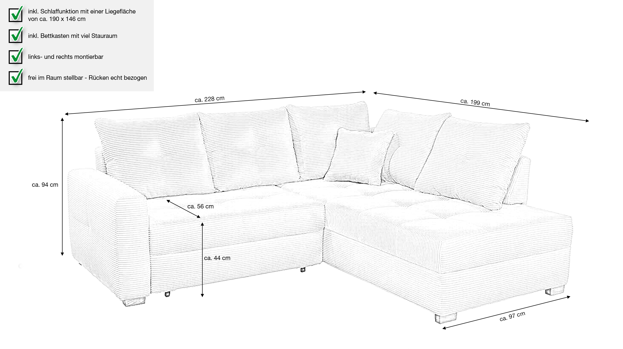 Ecksofa Cord grau - Schlaffunktion Bettkasten 228 cm - HEIDELBERG