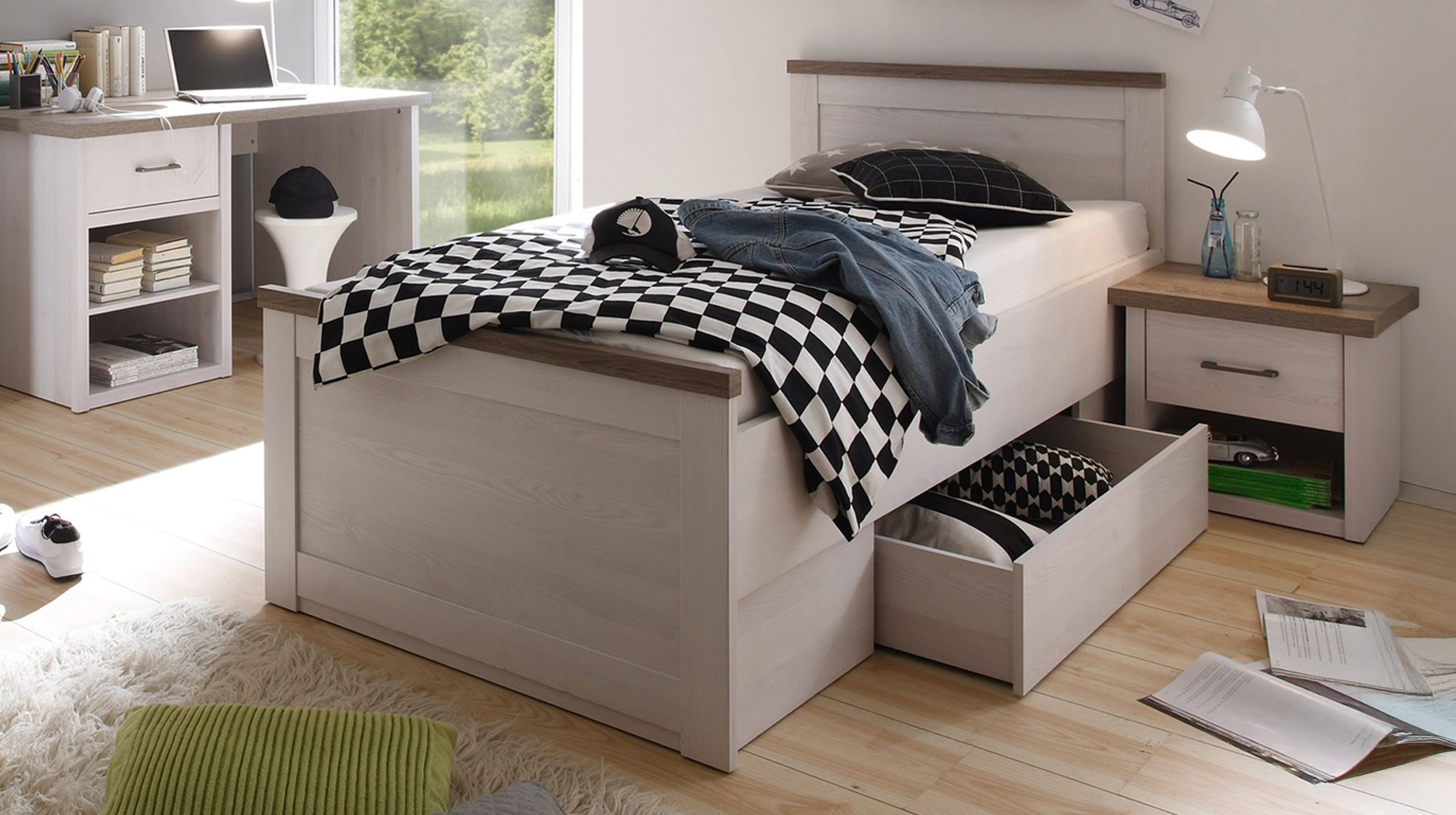 Jugendbett mit Schublade 90 x 200 cm Pinie weiß - LUCA