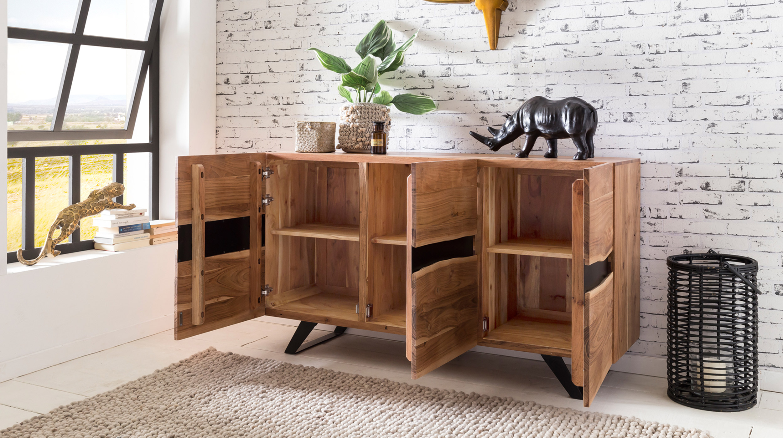 Sideboard Akazie massiv lackiert 148 x 43 cm 3-türig - ODIN 