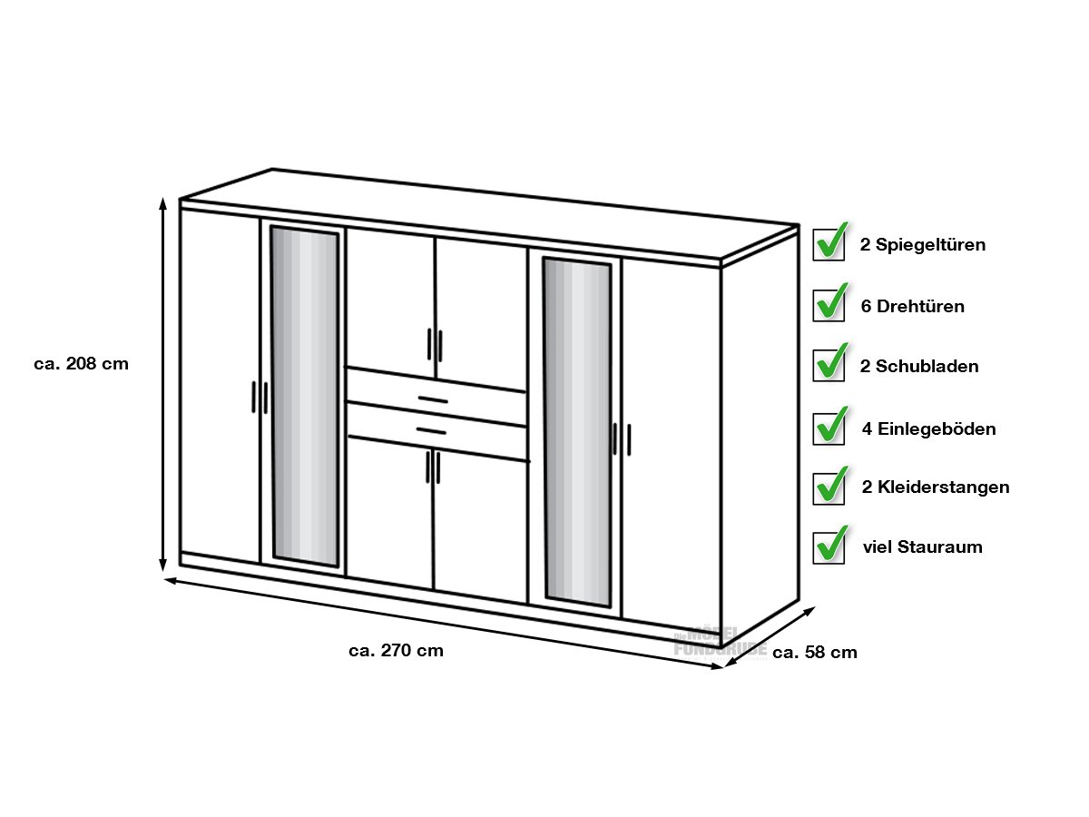 Kleiderschrank mit Spiegel - weiß - graphit - 270 cm - DIVER