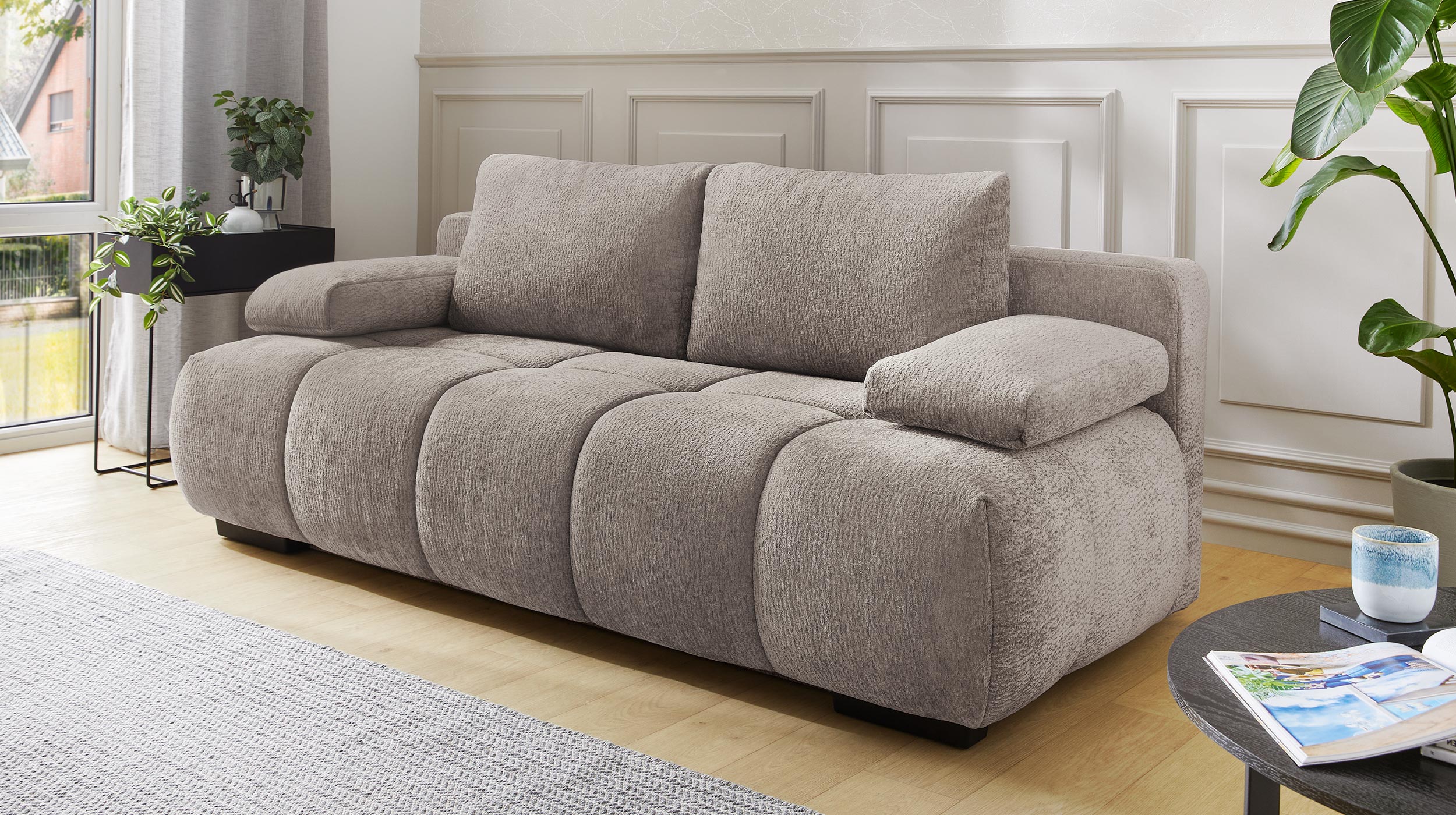 Schlafsofa grau-beige mit Bettkasten 213 cm - RENO 