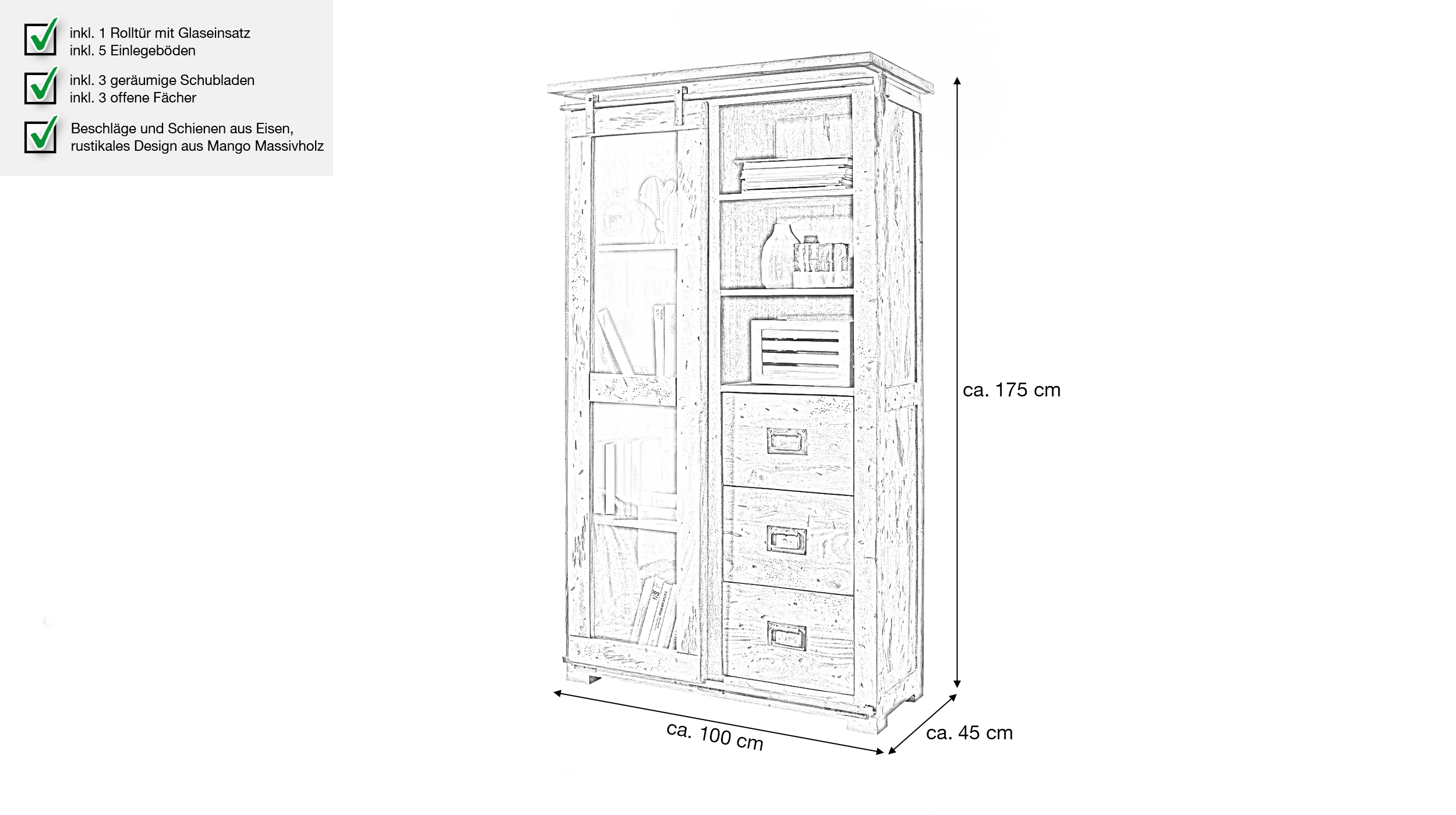 Vitrine mit Schiebetür Mango massiv Breite 100 cm - montiert - EMANUEL