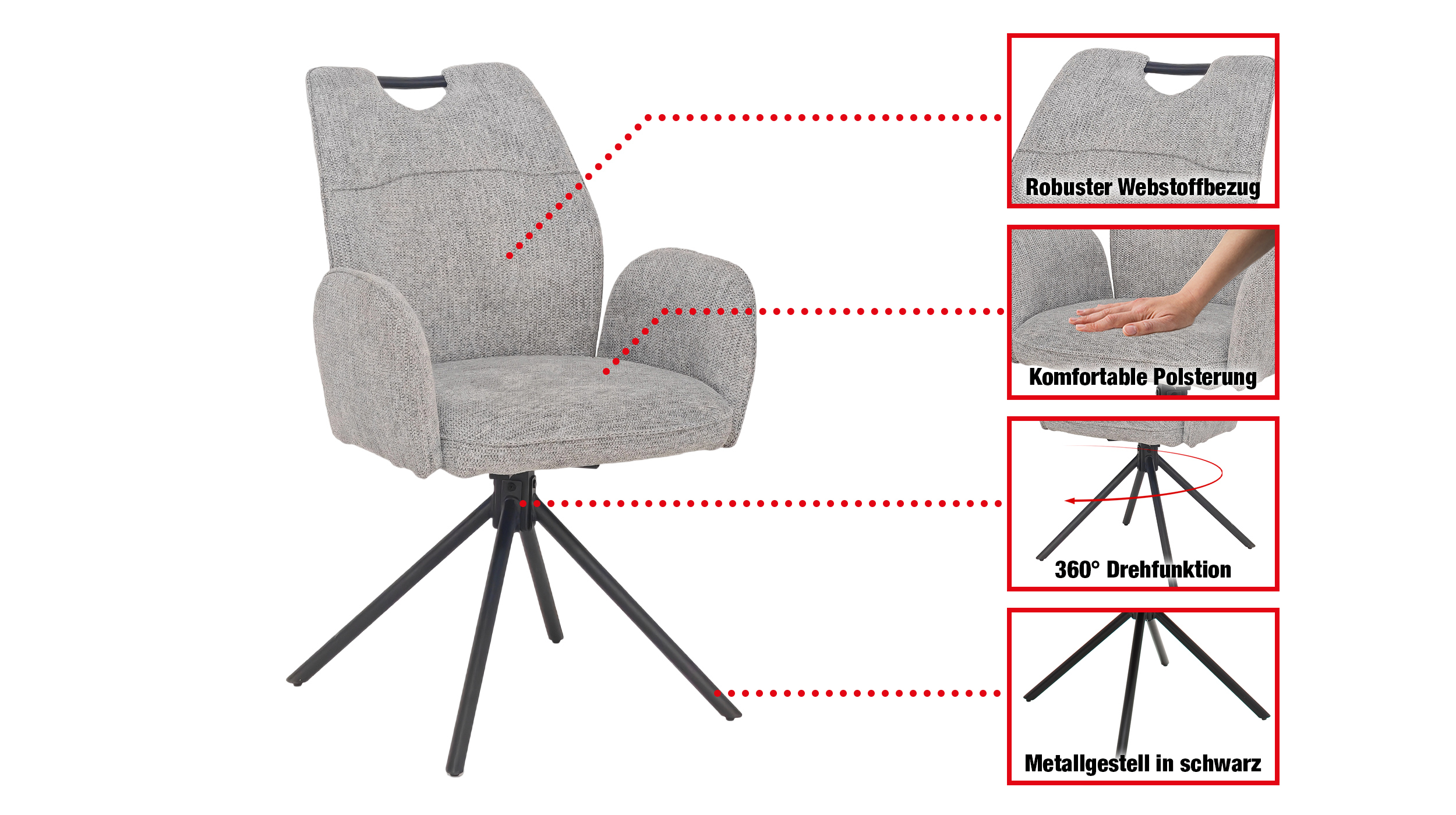 Armlehnstuhl hellgrau Drehstuhl - Webstoff Bezug - CARINA 