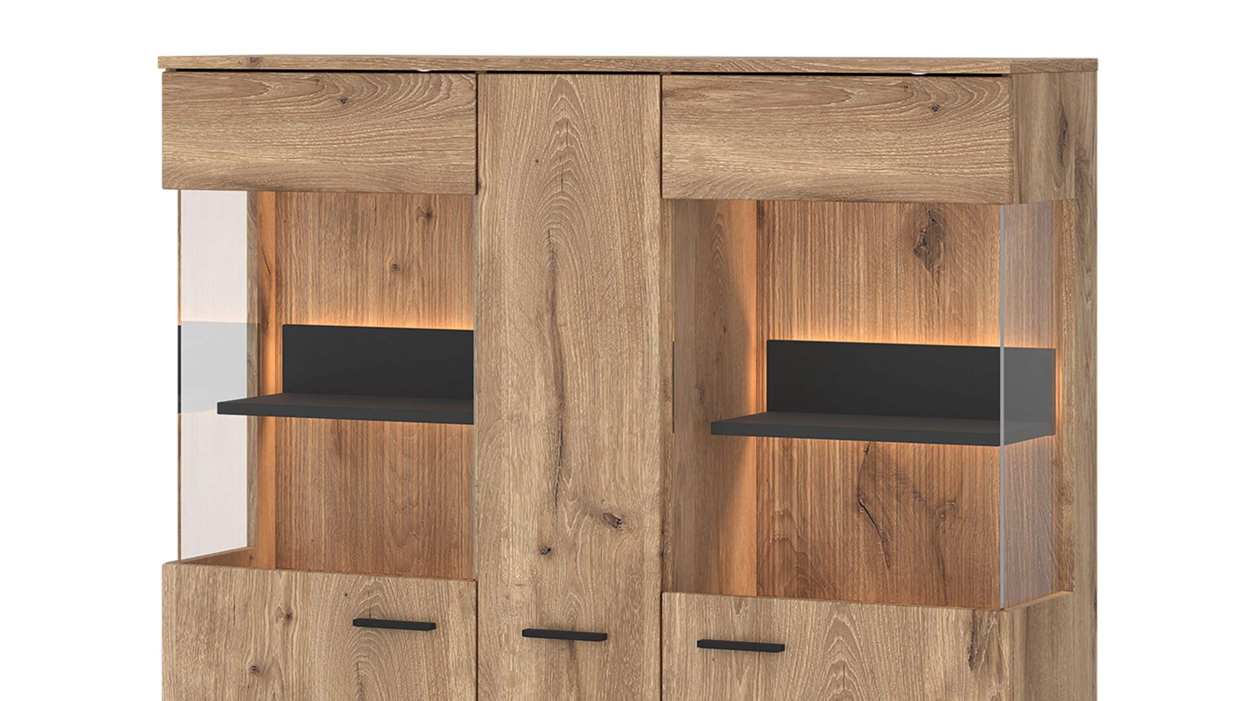 Highboard mit 2 Glastüren Viking Eiche - Beleuchtung 115 cm - PARDOO