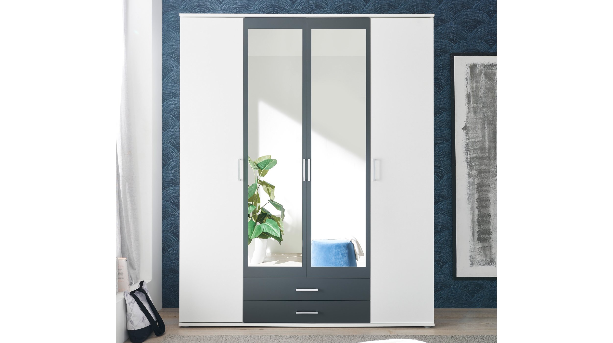 Kleiderschrank mit Spiegel - weiß - graphit - 160 cm - HANAU