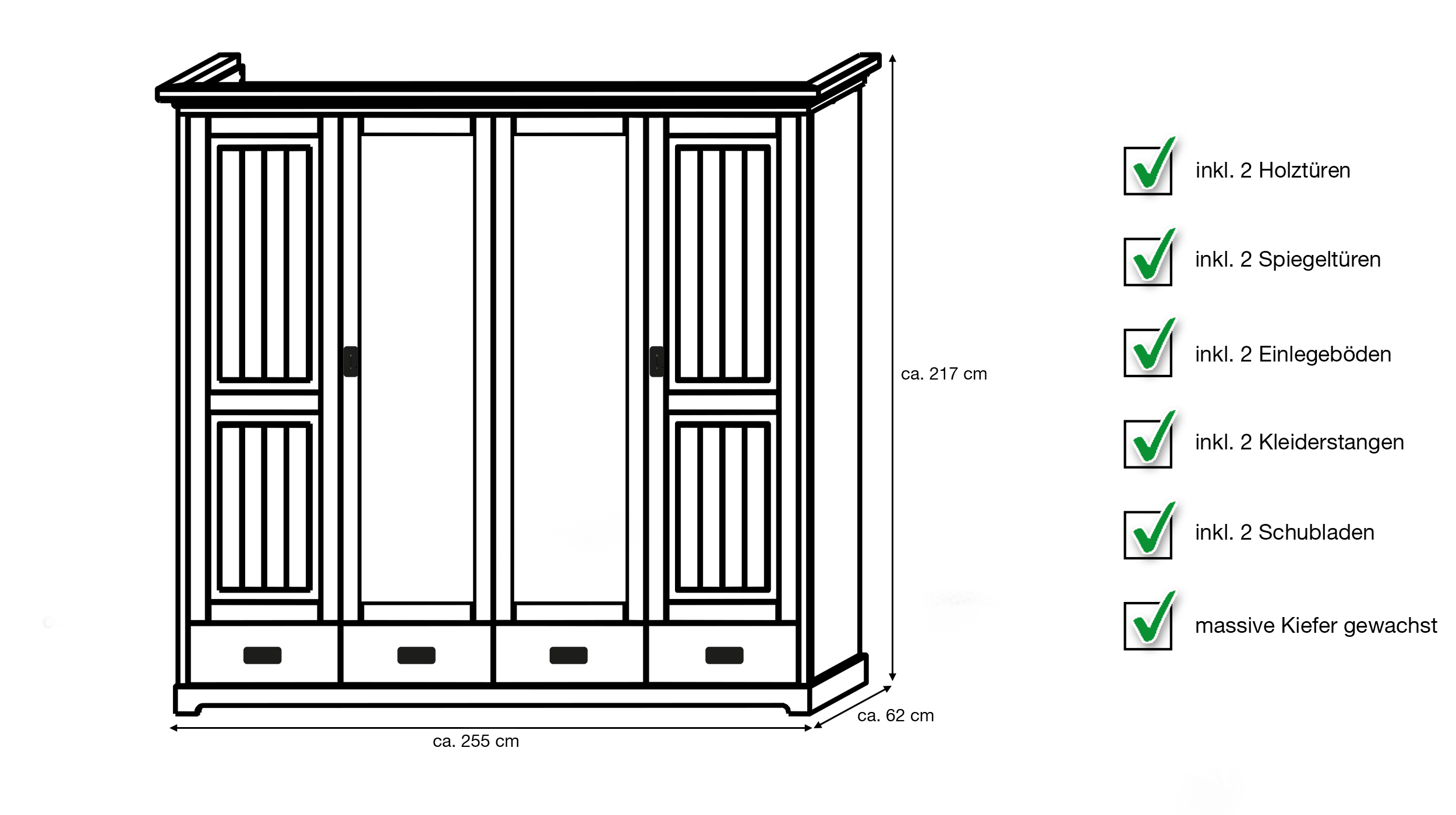 Kleiderschrank Spiegel - Kiefer Massivholz weiß - 255 cm - MATILDA
