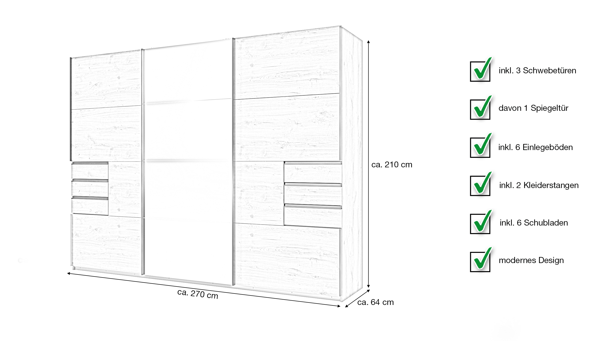 Schwebetürenschrank Spiegel Plankeneiche 270 cm - 3-türig - SAIGON